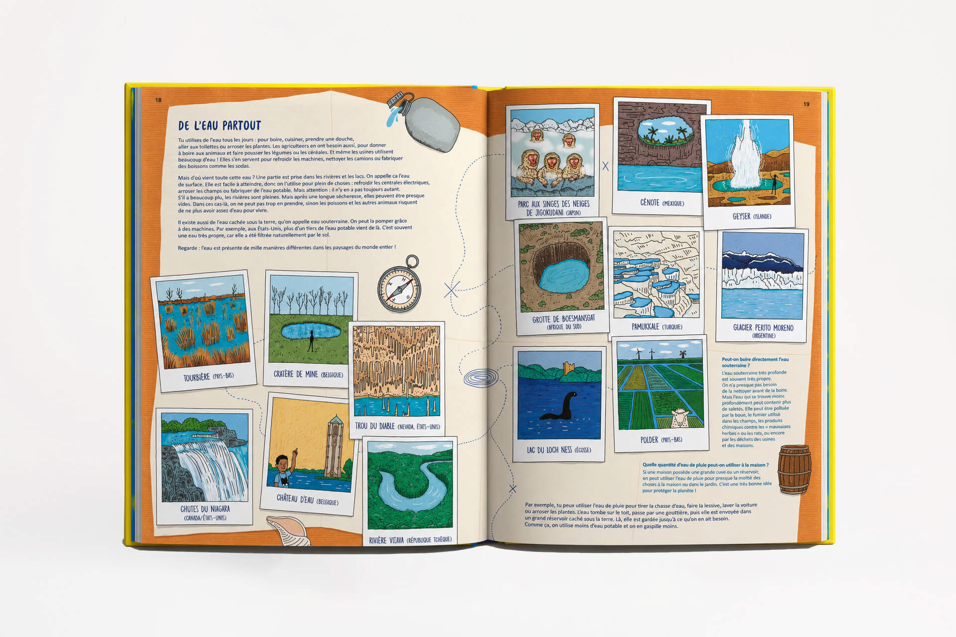 Création graphique et mise en page d’un livre documentaire jeunesse consacré à l’eau, à l’environnement et aux sciences naturelles. Editorial design and layout for an illustrated children's nonfiction book about water, environmental science and geography.