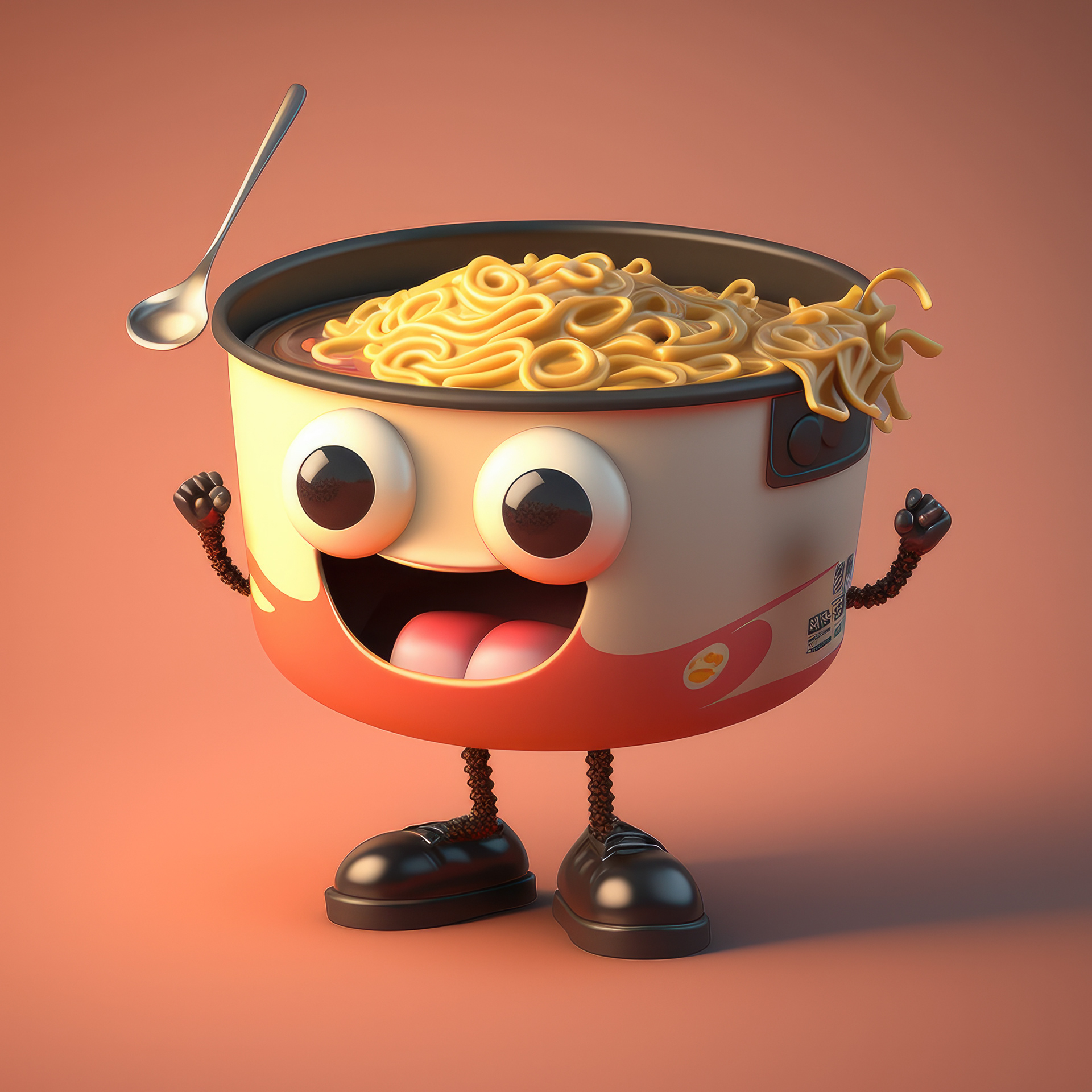 3D instant noodle bowl character with big cartoon eyes