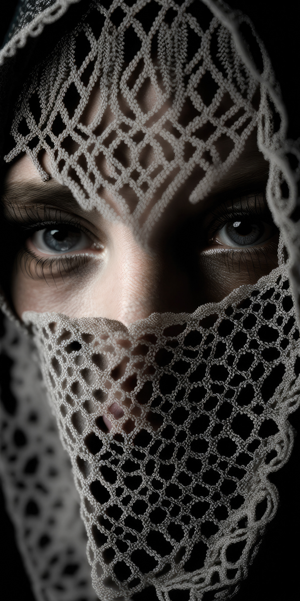 Highly detailed close up of a lady's face wearing a knitted face cover
