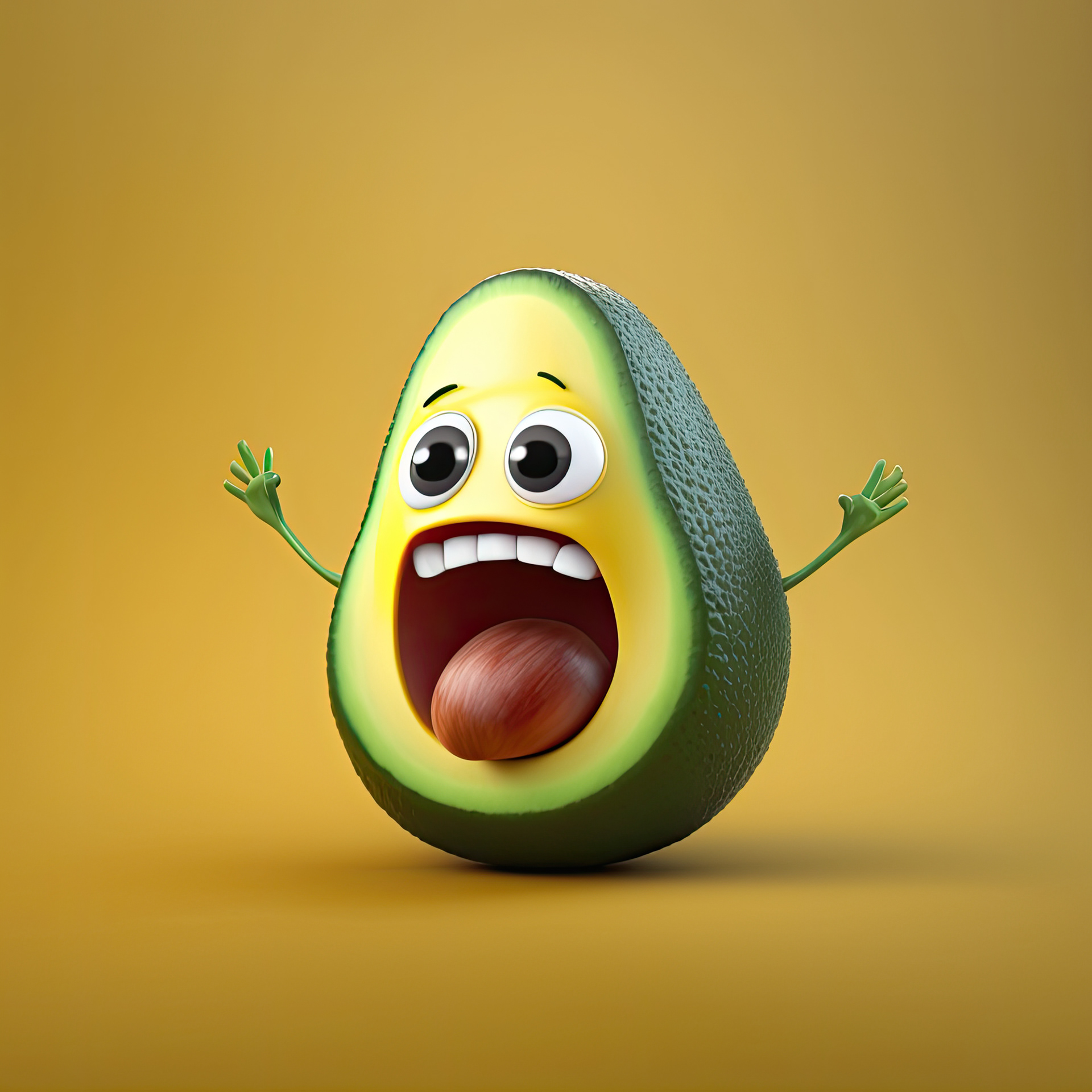 3d cartoon style avocado character with the see depicted as the tongue