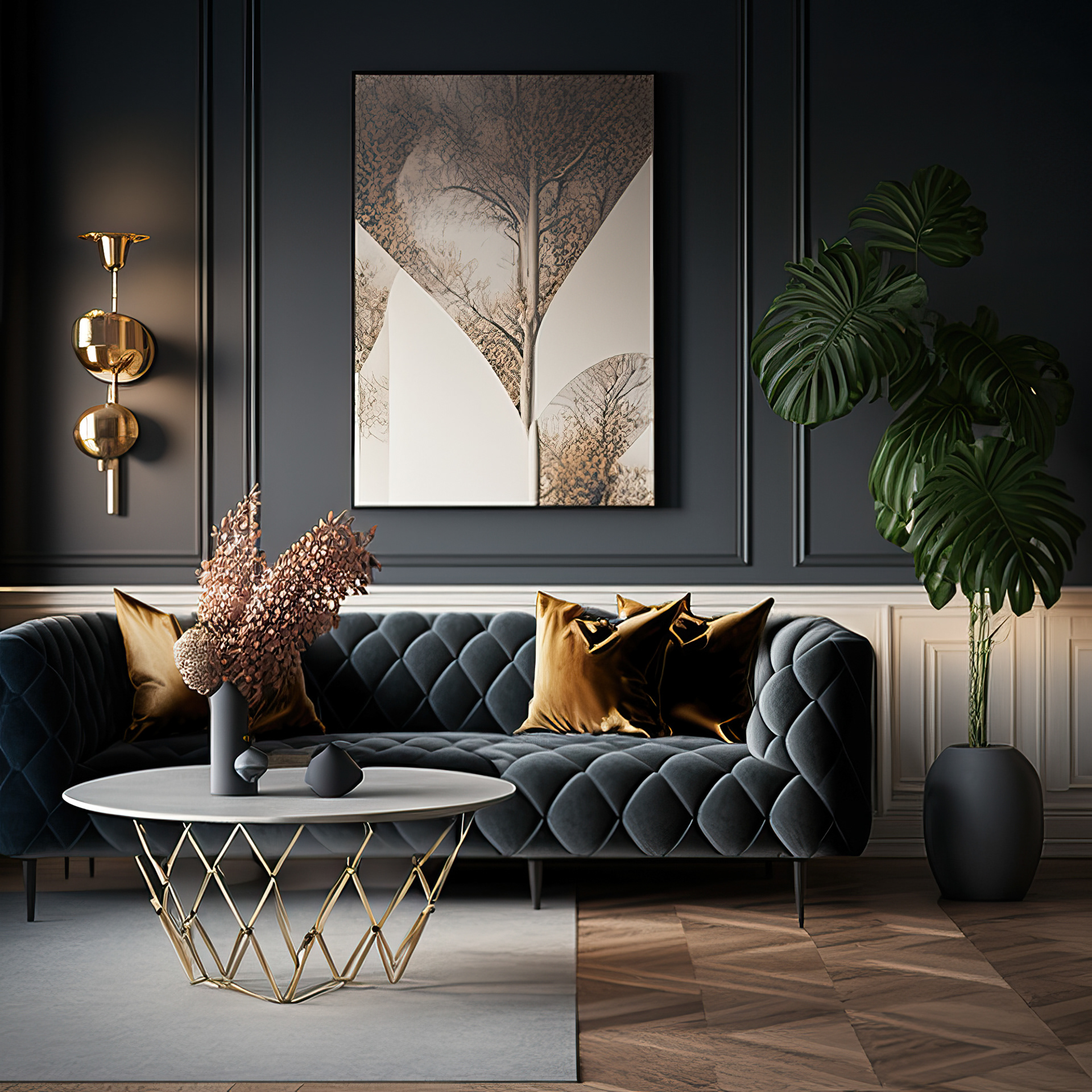 Art deco interior living room with a padded couch and art on the wall