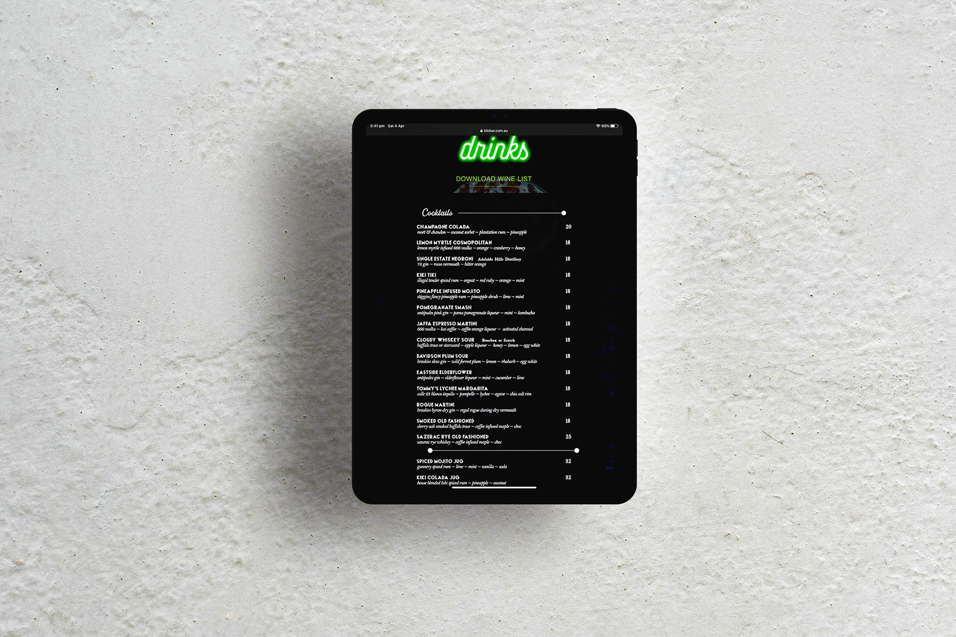 A mockup of the website cocktail menu on an iPad