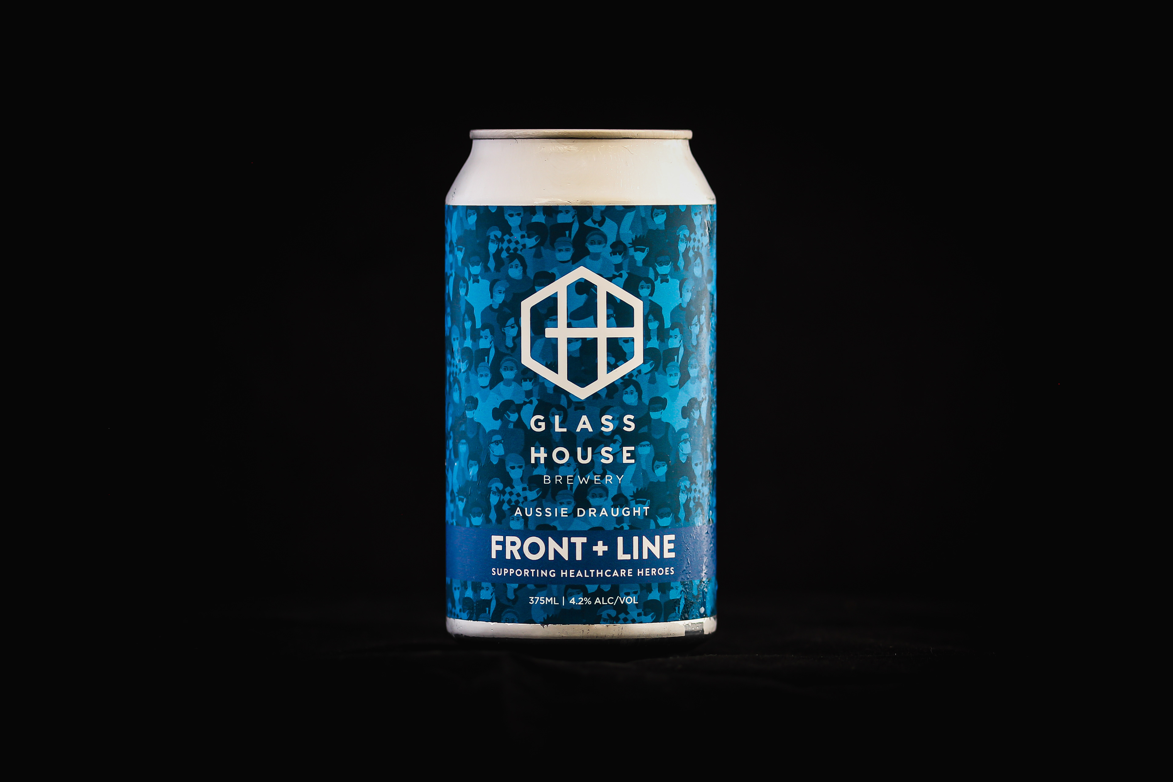 A blue beer can with a seamless pattern of people wearing face masks