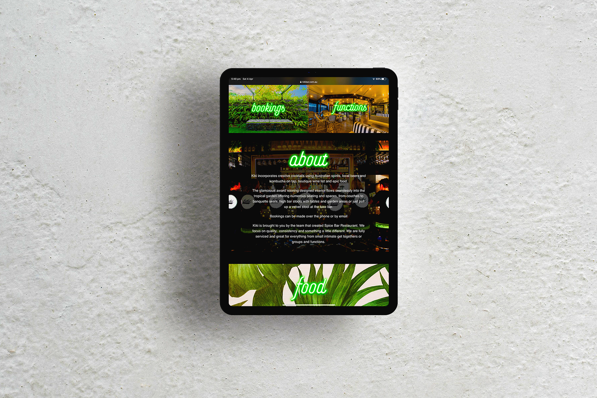 A mockup of the website on an iPad