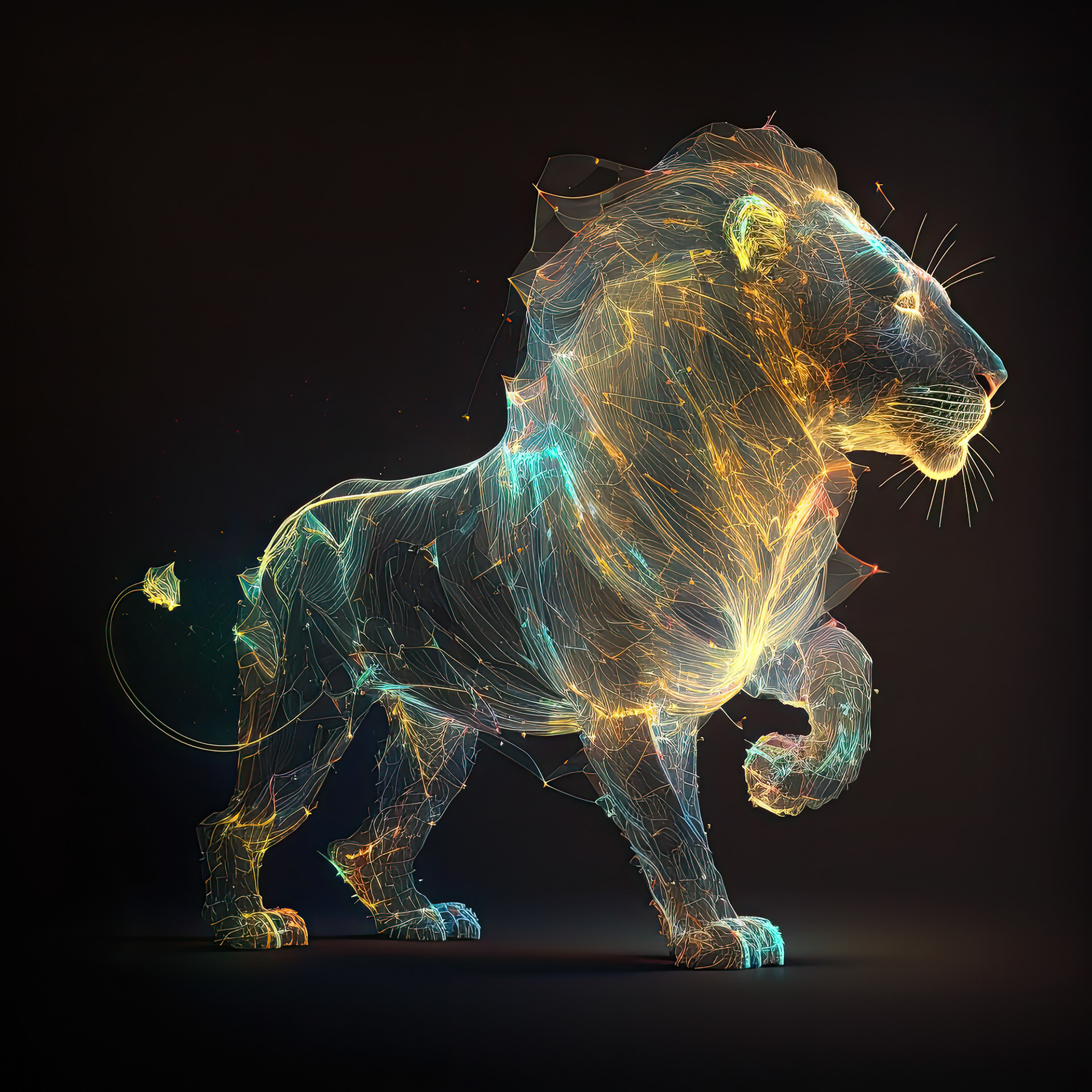 A 3D neon holographic lion on a black background