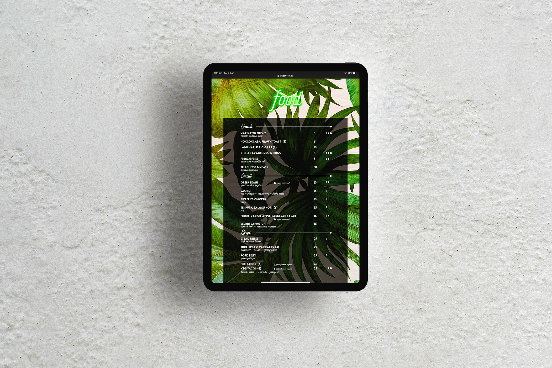 A mockup of the website menu on an iPad