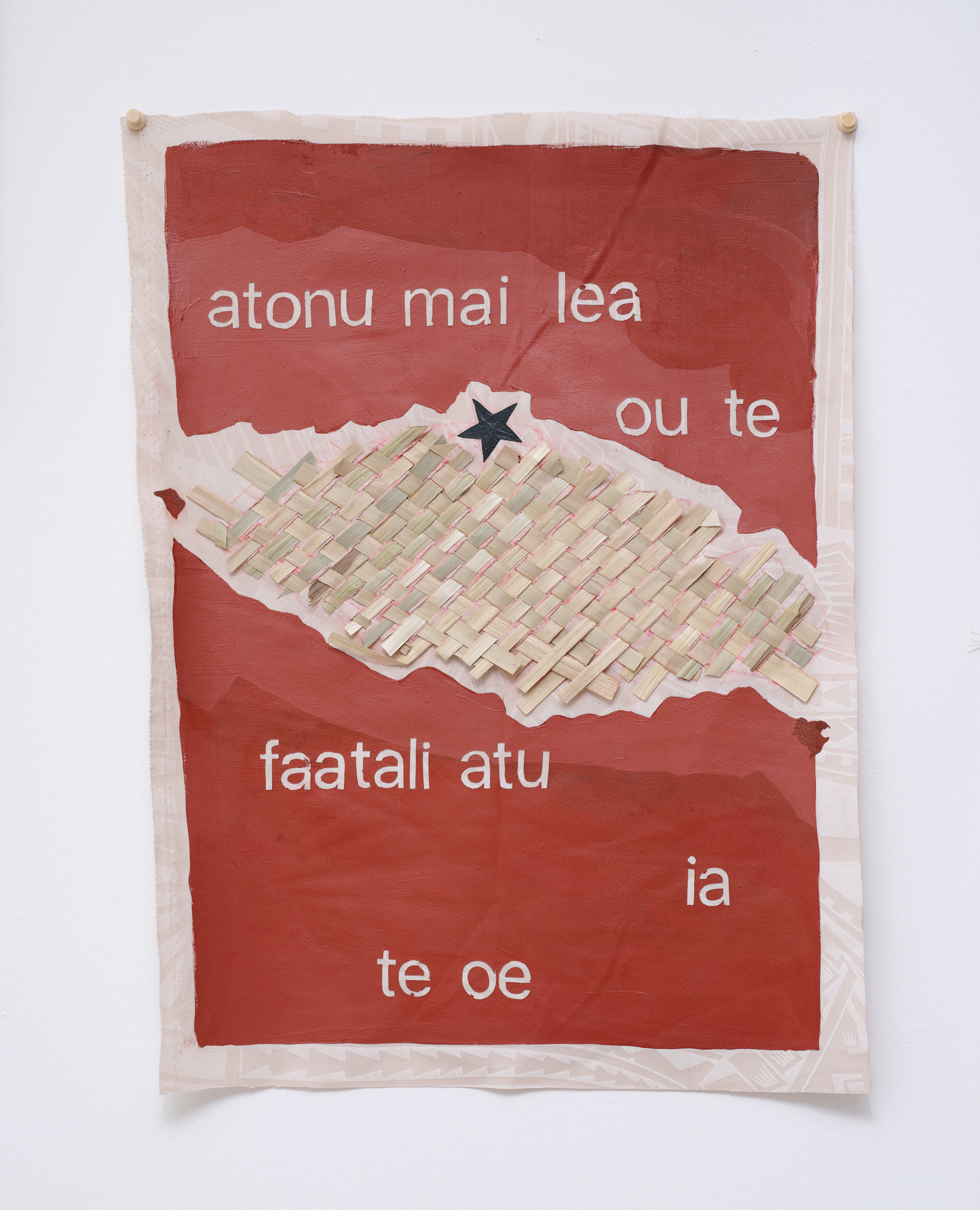 maybe I will wait for you, 2026, acrylic and dried pandanus leaf on poly-cotton