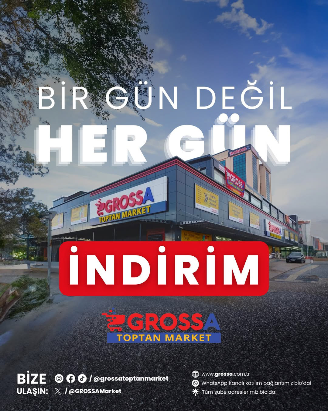 "BİR GÜN DEĞİL, HER GÜN İNDİRİM" (NOT JUST FOR A DAY, DISCOUNTS EVERY DAY) AD CAMPAIGN DIGITAL POSTER DESIGN FOR GROSSA, 2024