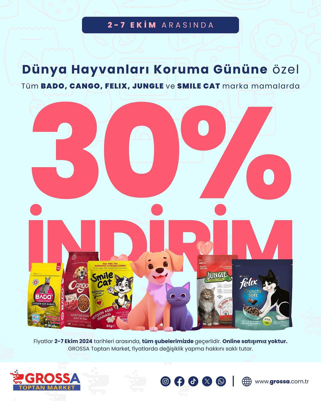 "OCTOBER 4TH THE WORLD ANIMAL WELFARE DAY - 30% DISCOUNT ON ALL PET FOOD PRODUCTS" AWARENESS DAY CAMPAIGN DIGITAL POSTER DESIGN FOR GROSSA, 2024