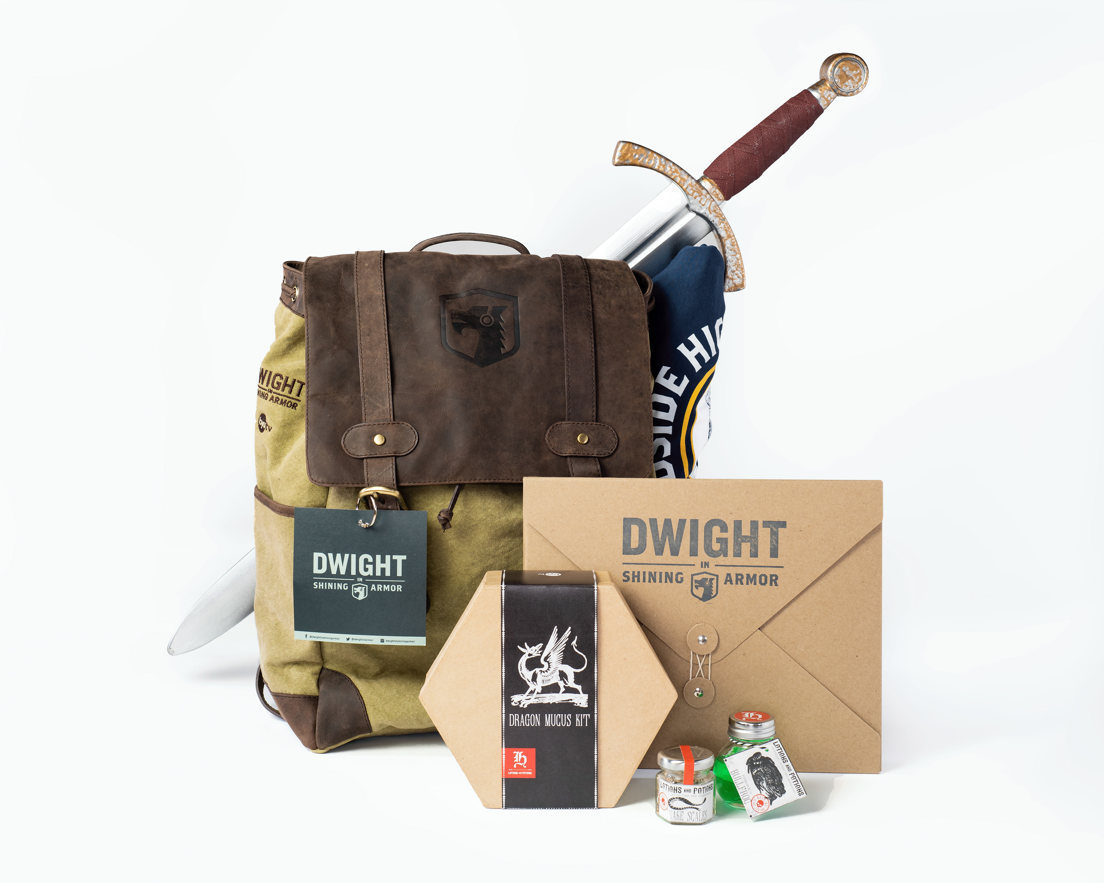 Assembled kit with custom backpack and sword