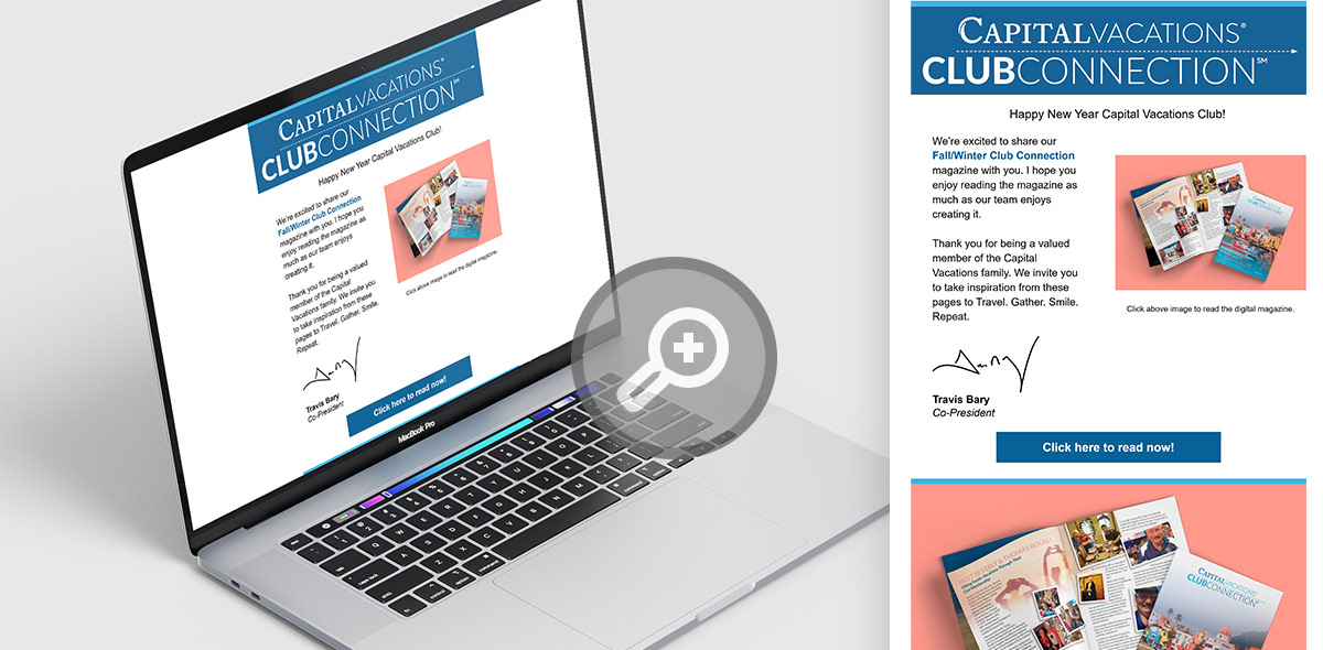 Capital Vacations email  to Club Connection Magazine