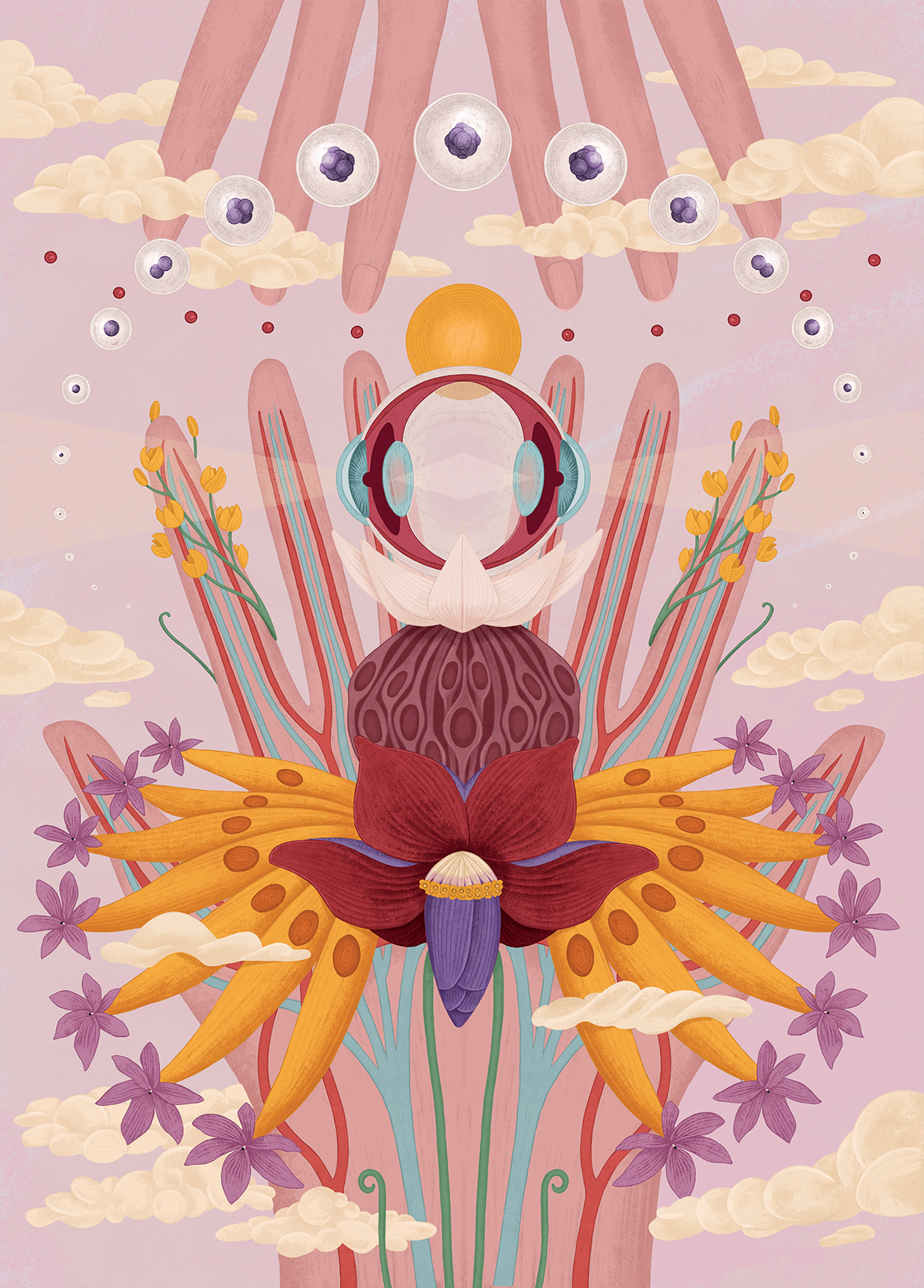 Synesthetic dream. It all began when I noticed that olfactory cells resemble banana flowers (I know…). That observation led me to explore the senses and the similar shapes that echo one another.