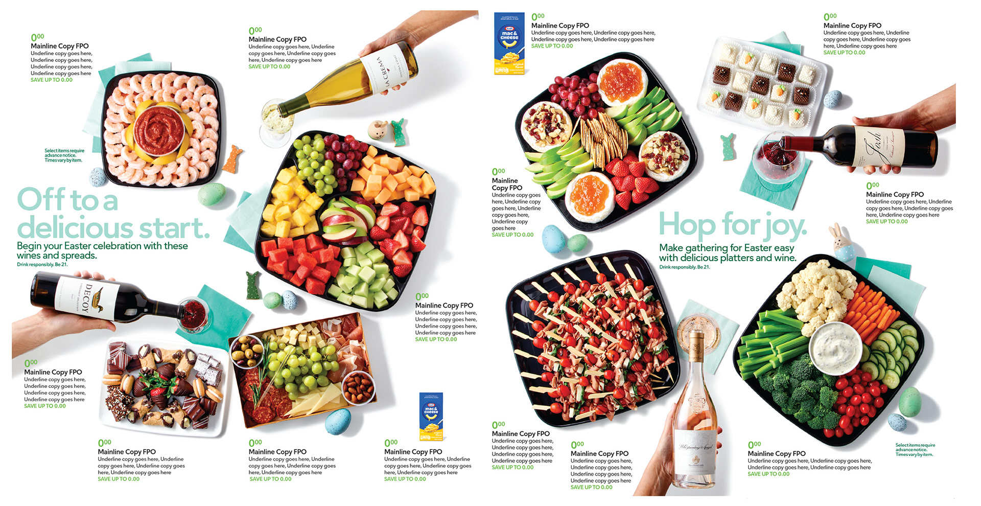 Completed template for full page spread of platters and wines