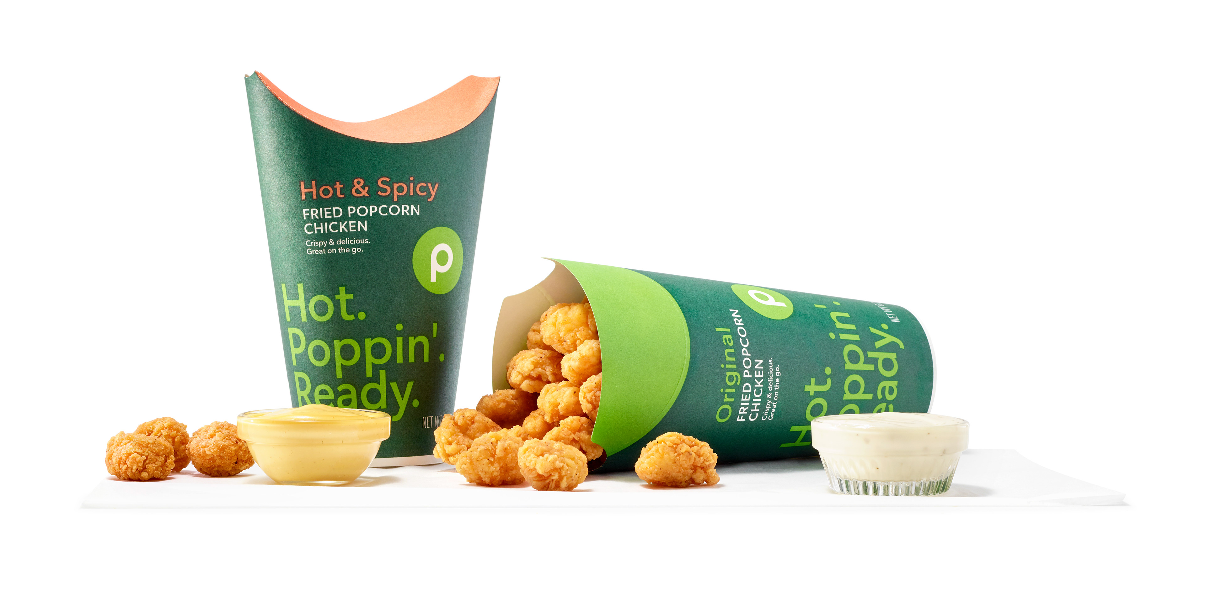 Popcorn chicken with new product packaging.