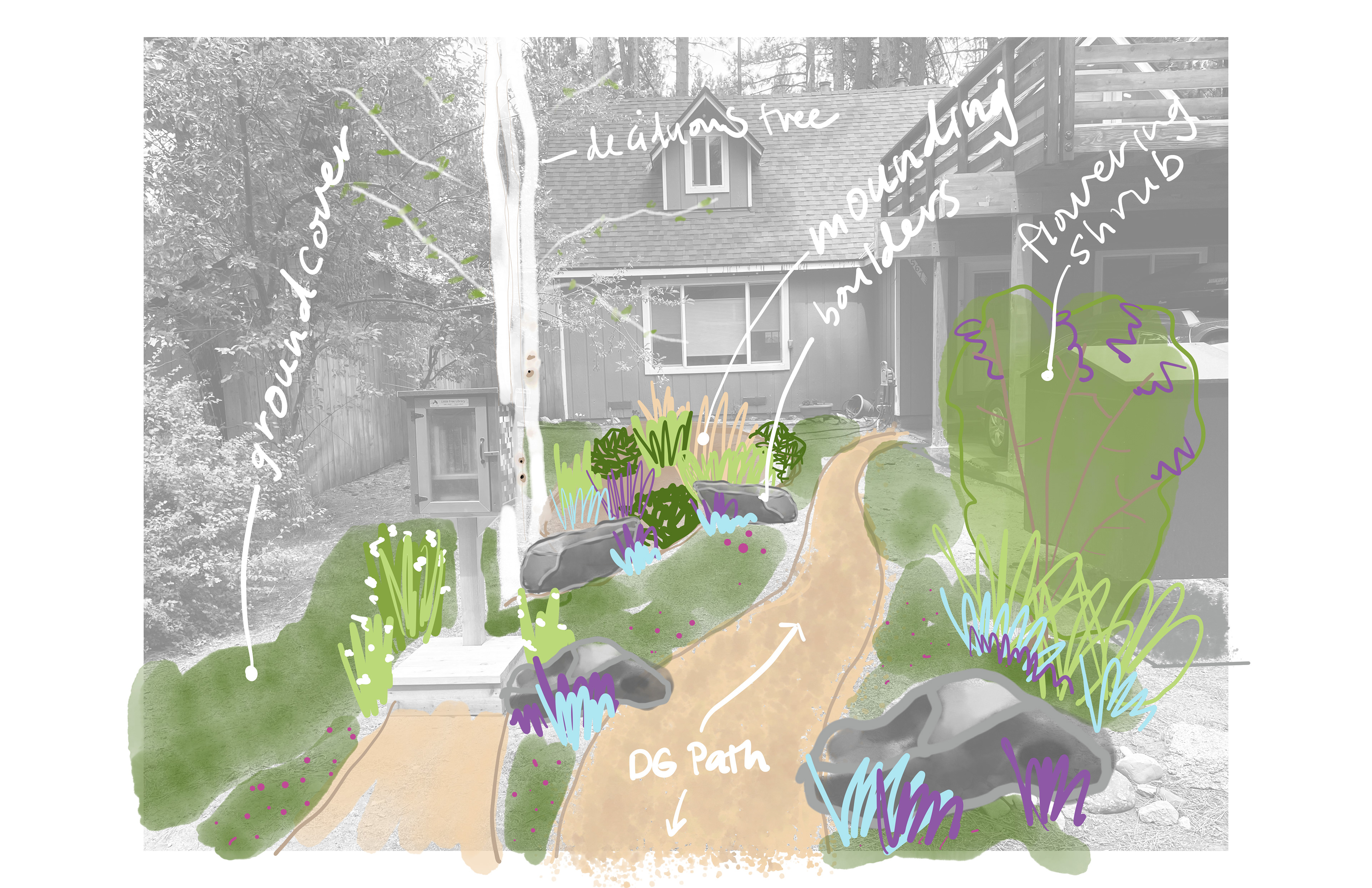 ​​​​​​​This South Lake Tahoe yard is being reimagined through a thoughtful, ecologically minded design that replaces turf with native plantings. A central mound forms a focal point, accented with boulders, logs, and pollinator habitat features to create texture and support biodiversity, while paths of decomposed granite guide visitors through the landscape. The homeowners participated in the local turf buyback program, helping reduce water use and foster a more sustainable approach to their yard. We look forward to seeing how it continues to grow and evolve in the seasons ahead.