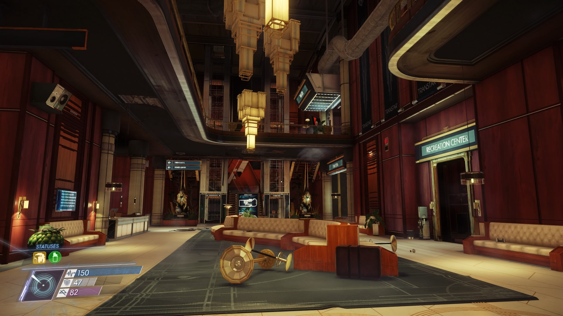 Created wall set for Crew Quarters, Neo Deco railing set used here, and ceiling modeling and texturing. Floors were modeled and trimmed by myself but from an exisiting texture from another artist. Texture polish pass on the chandeliers and created the light column asset pictured here. (Props were mostly all outsourced)