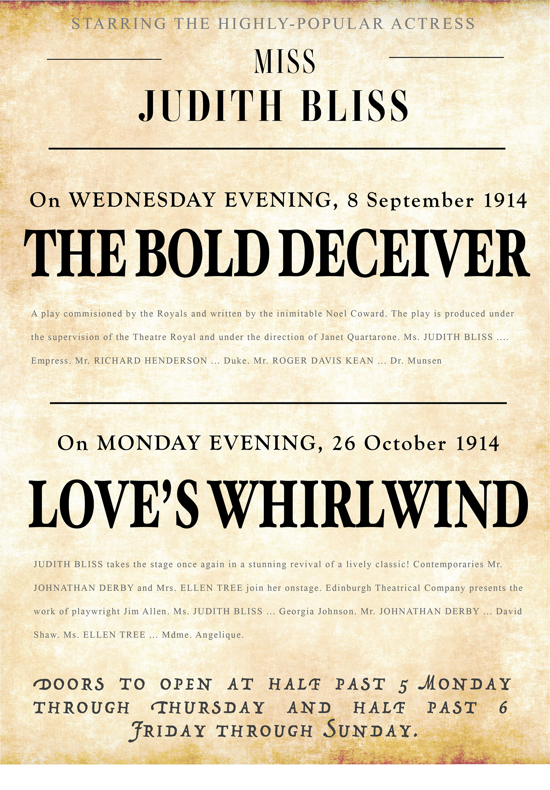 A decoration for Hay Fever's set; a playbill designed in the name of Judith Bliss, matriarch of the Bliss family
