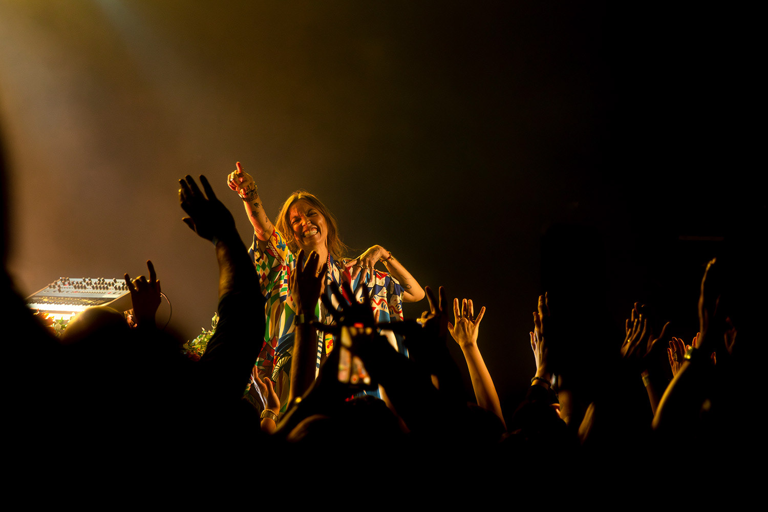 LP Giobbi gestures towards an audience member at the end of her set at The Roxy Theatre in Los Angeles on November 25th, 2023.