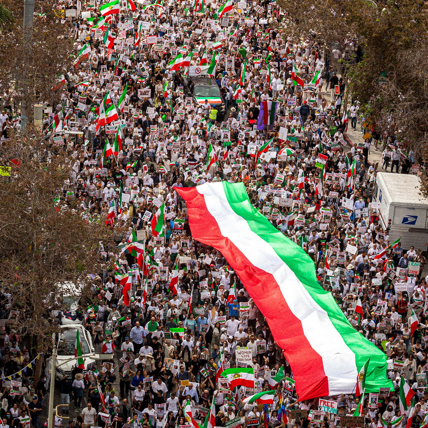 Thousands of protestors take over the streets of Downtown LA during "Women. Life. Freedom." in October 2022.