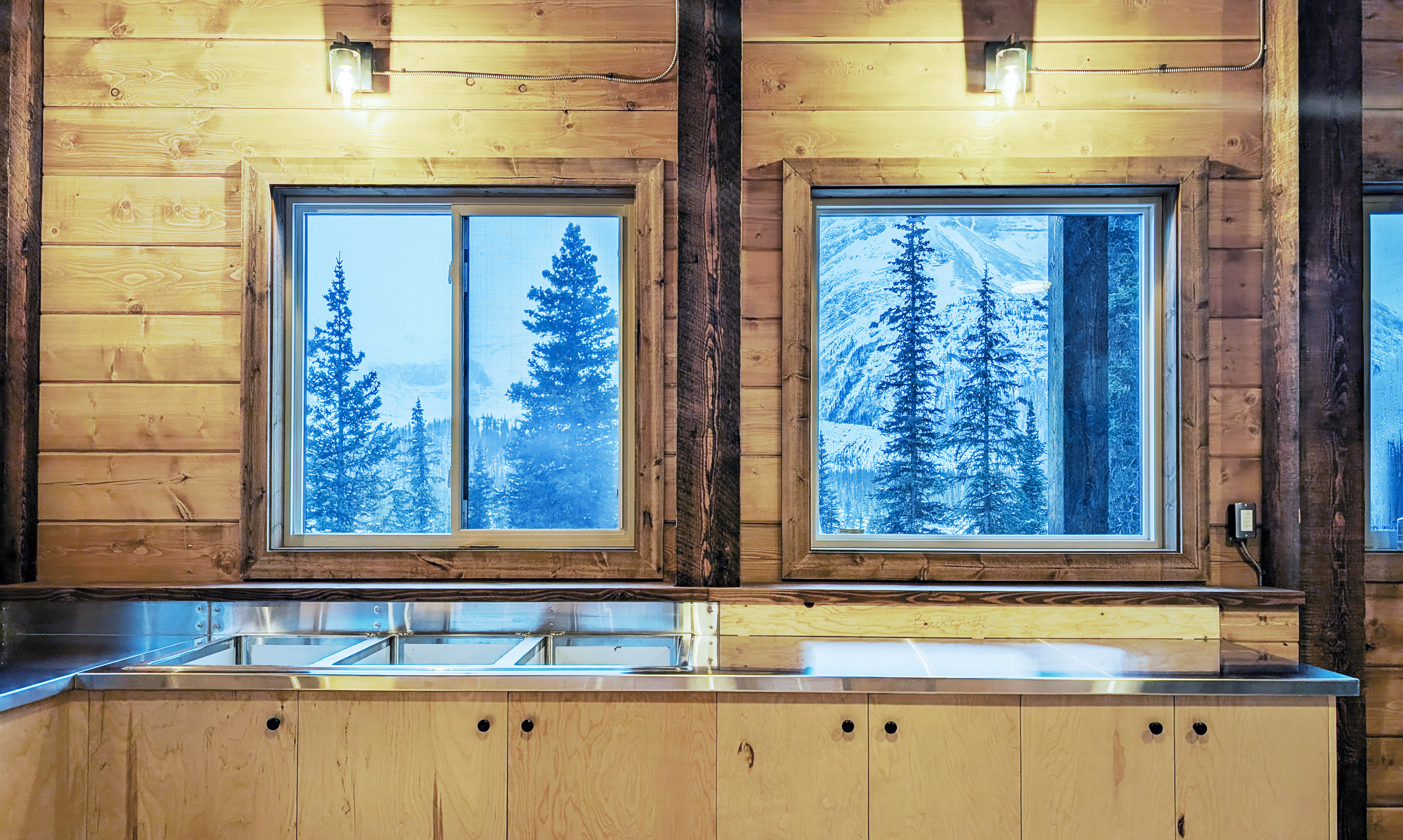 View through kitchen windows towards Mt Robson