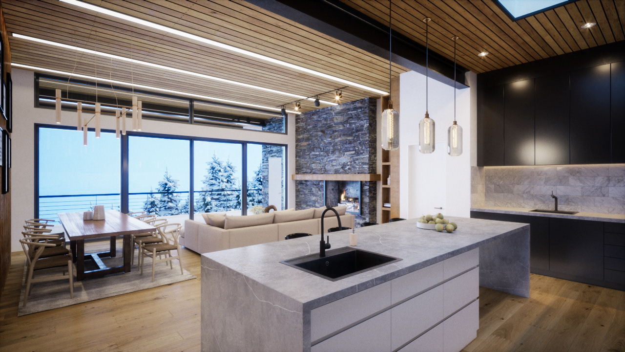 Kitchen Island and Living Area with View out to Alpha Lake, Whistler, BC