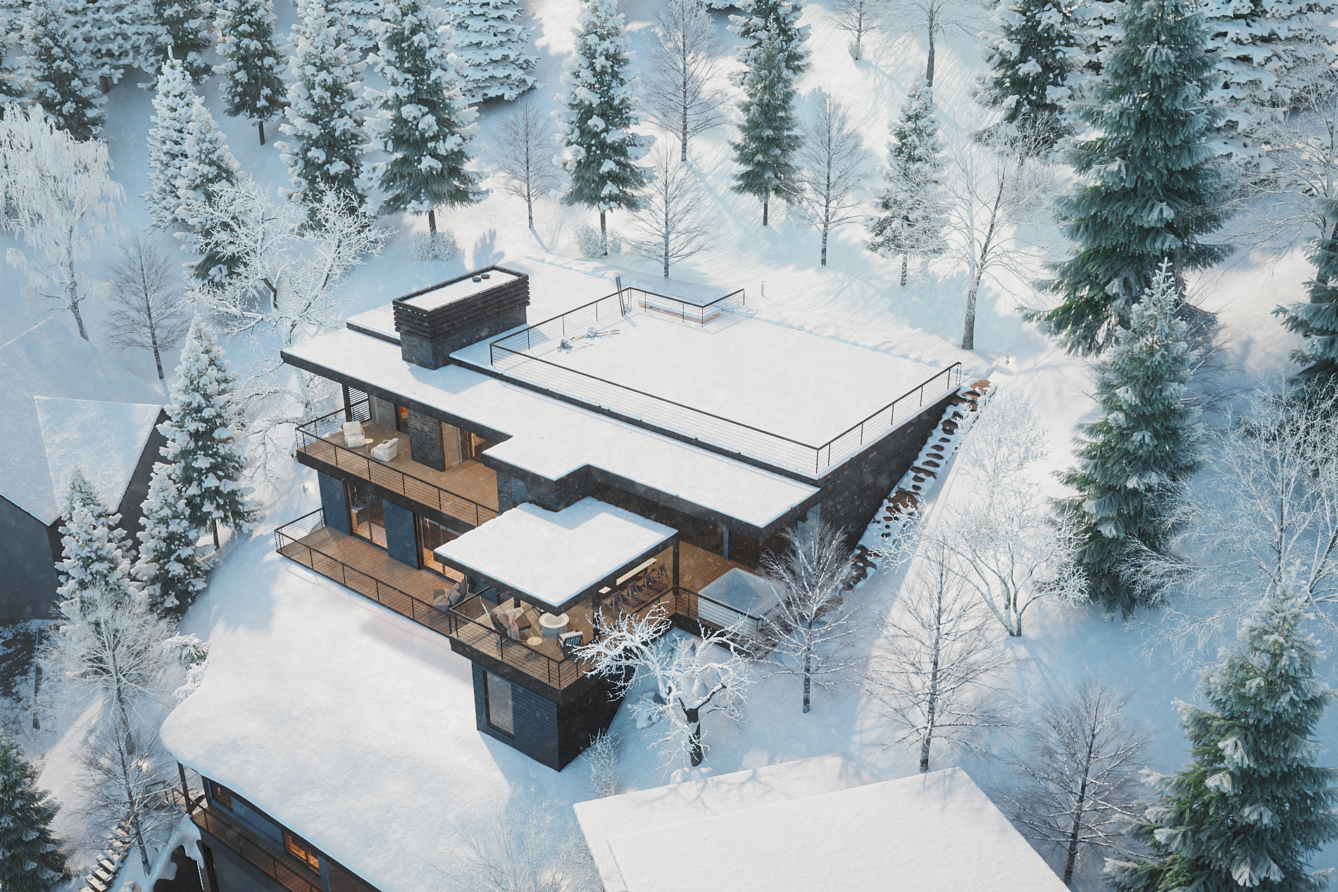 Aerial View of House with Ski-on Roof top Deck, Whistler BC