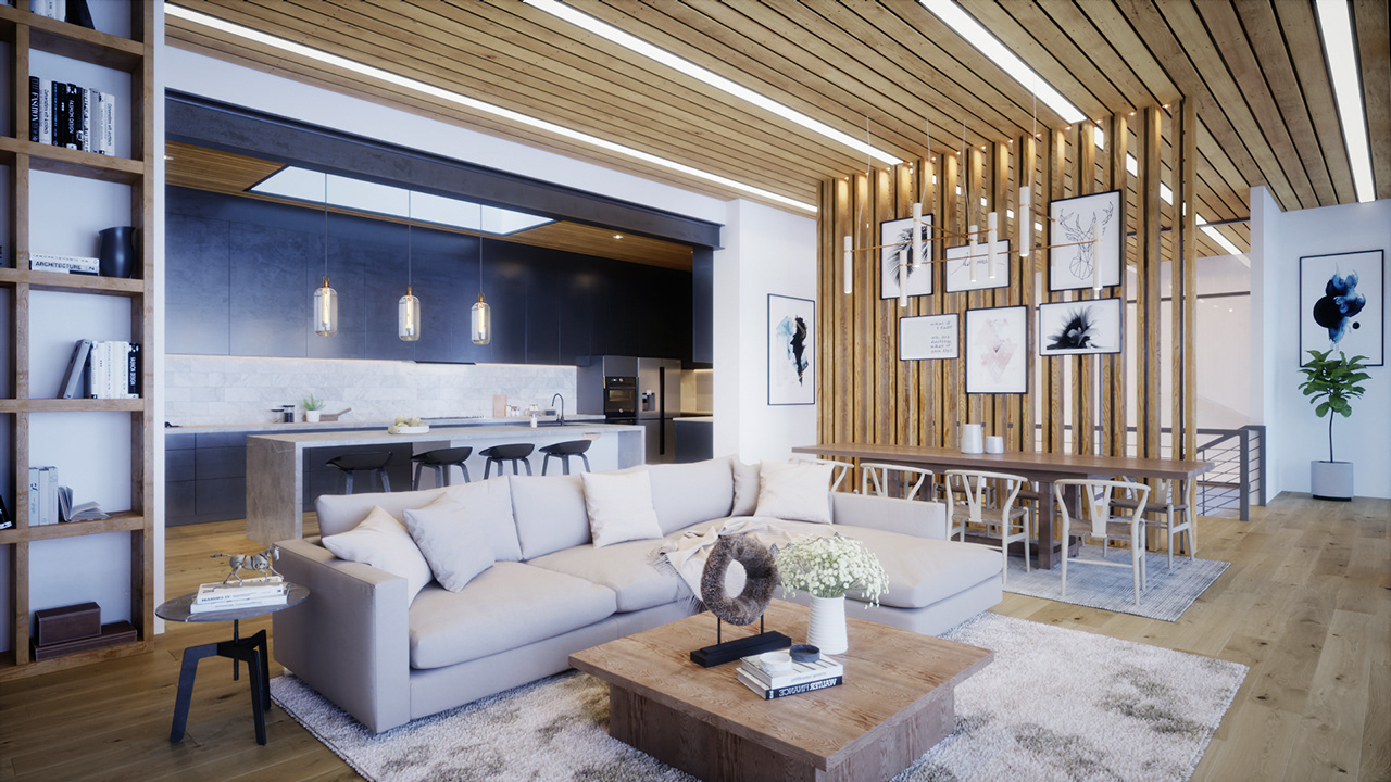 Kitchen, Living Area and Wood slat Wall