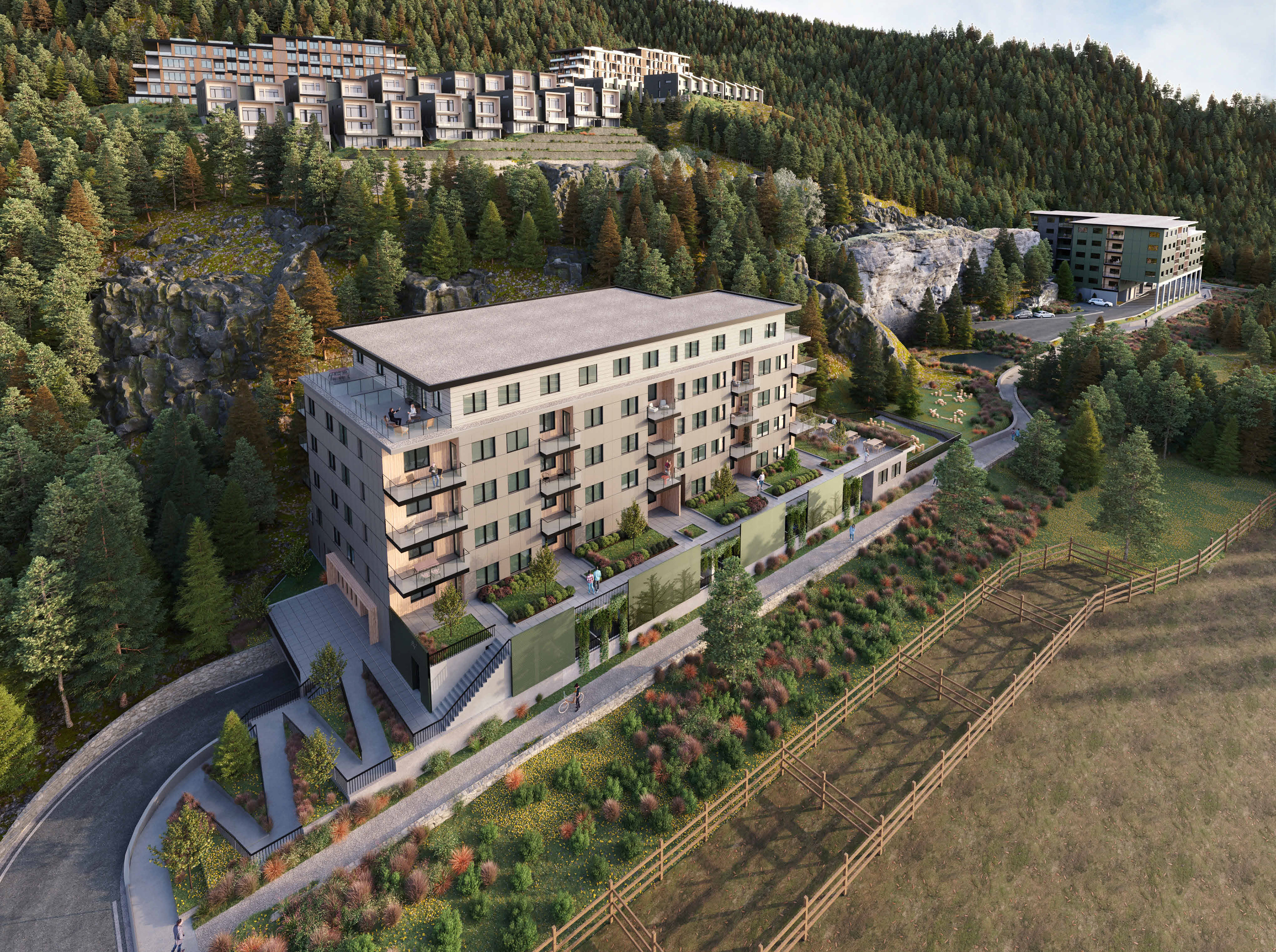 Aerial View of Apartment Building Two with Multi Use Pathway and Perforated Metal Images Screening the Parkade.