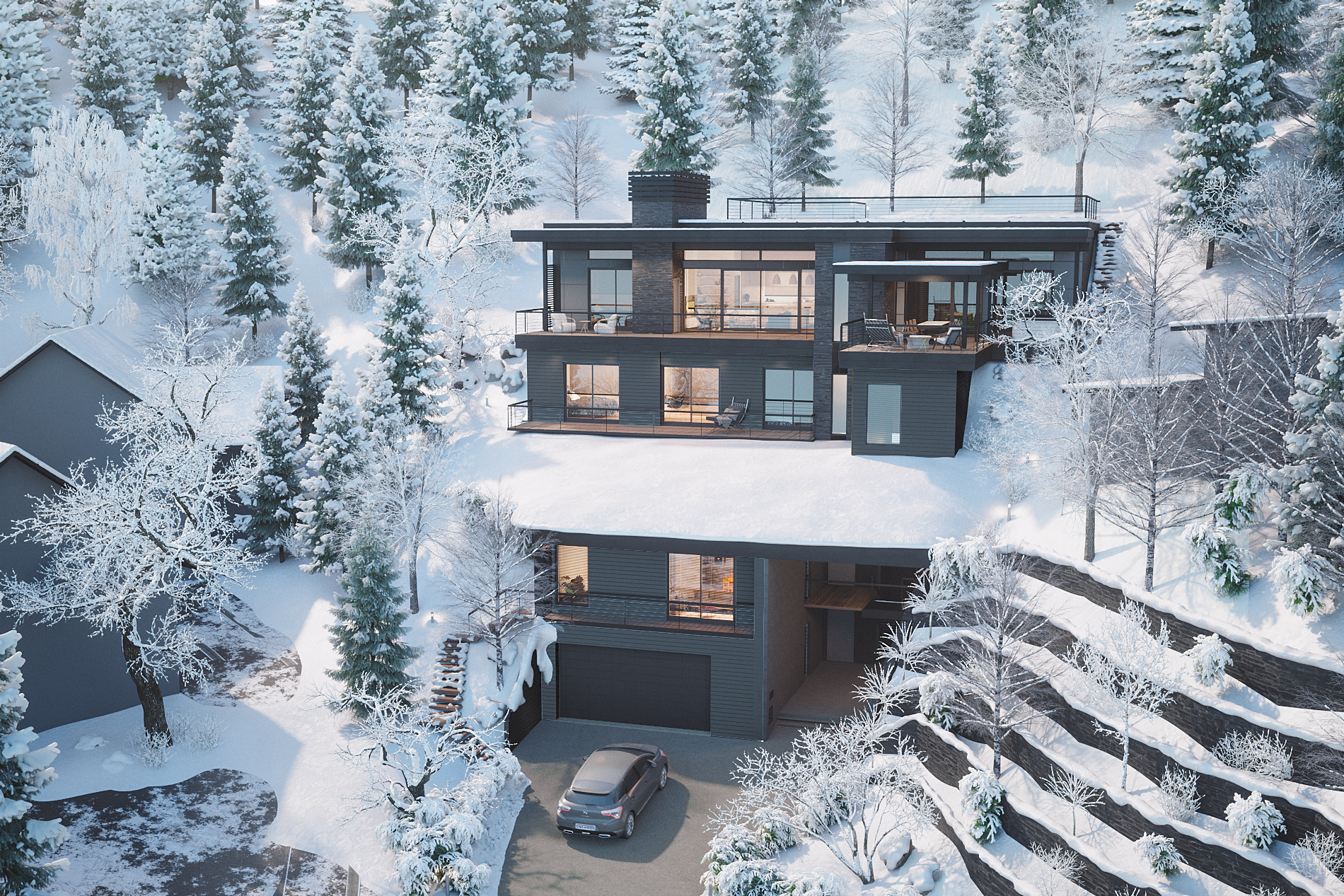 Winter Scene, Whistler Home Embedded in Mountainside.