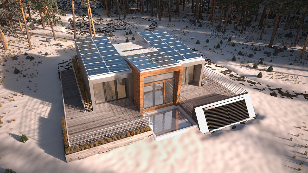 Aerial view of the Net Zero Modular House. Solar Panels and Solar Tubes for Hot Water