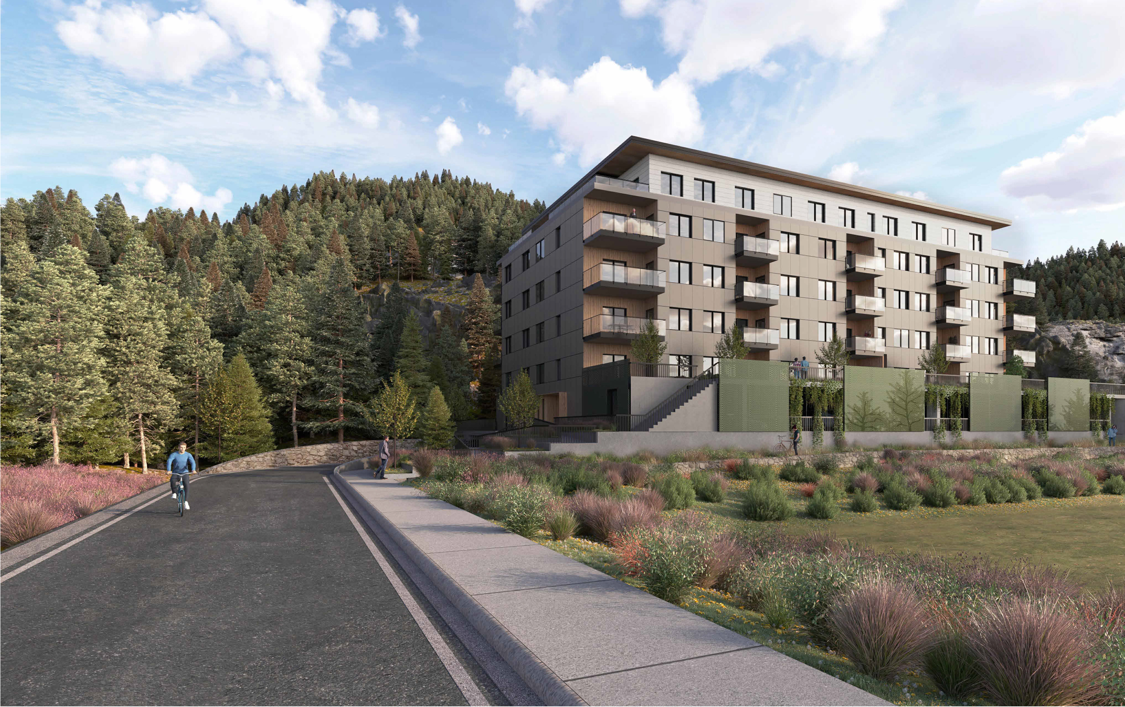 Apartment Building Two, with Public Art and Multi Use Pathway. Finch Drive, Squamish, BC.