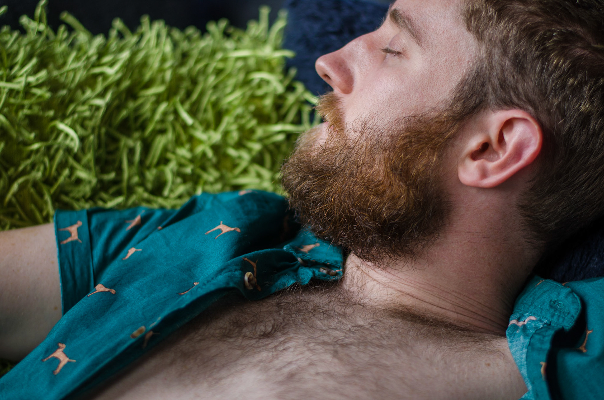 Man sleeps on a couch, open shirt. Portrait, sleep, eyebrows, chest, hairy, man. Retrato, pelos, peito, nu, masculino, fotografia, barba, book, sessão
