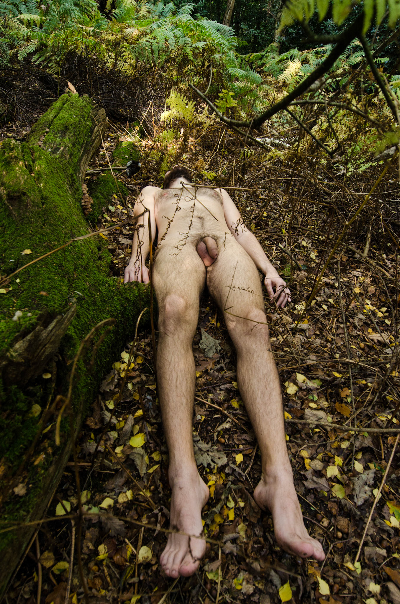 Naked male body lies on the ground among the nature. Corpo masculino deitado no chão no meio da natureza. nudity, nude, man, portrait, penis, balls, hairy, beard. Nudez masculina, homem, pelado, testiculosos, saco, barba, peludo, retrato, nu.