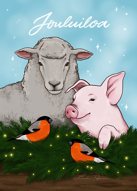 Joulukorttikuvitus Oikeutta Eläimille -järjestölle