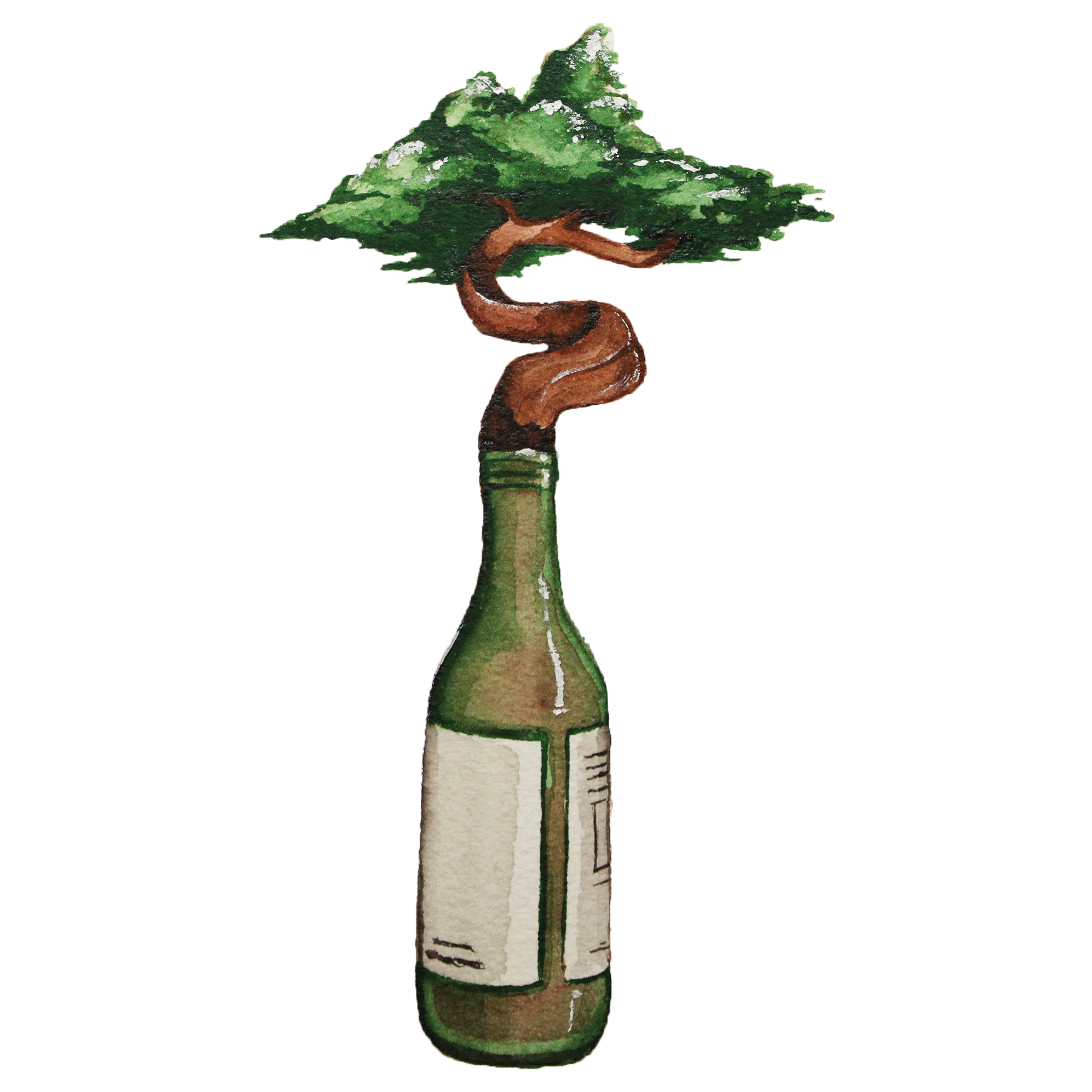 Gouache bonsai tree grown within glass bottle.