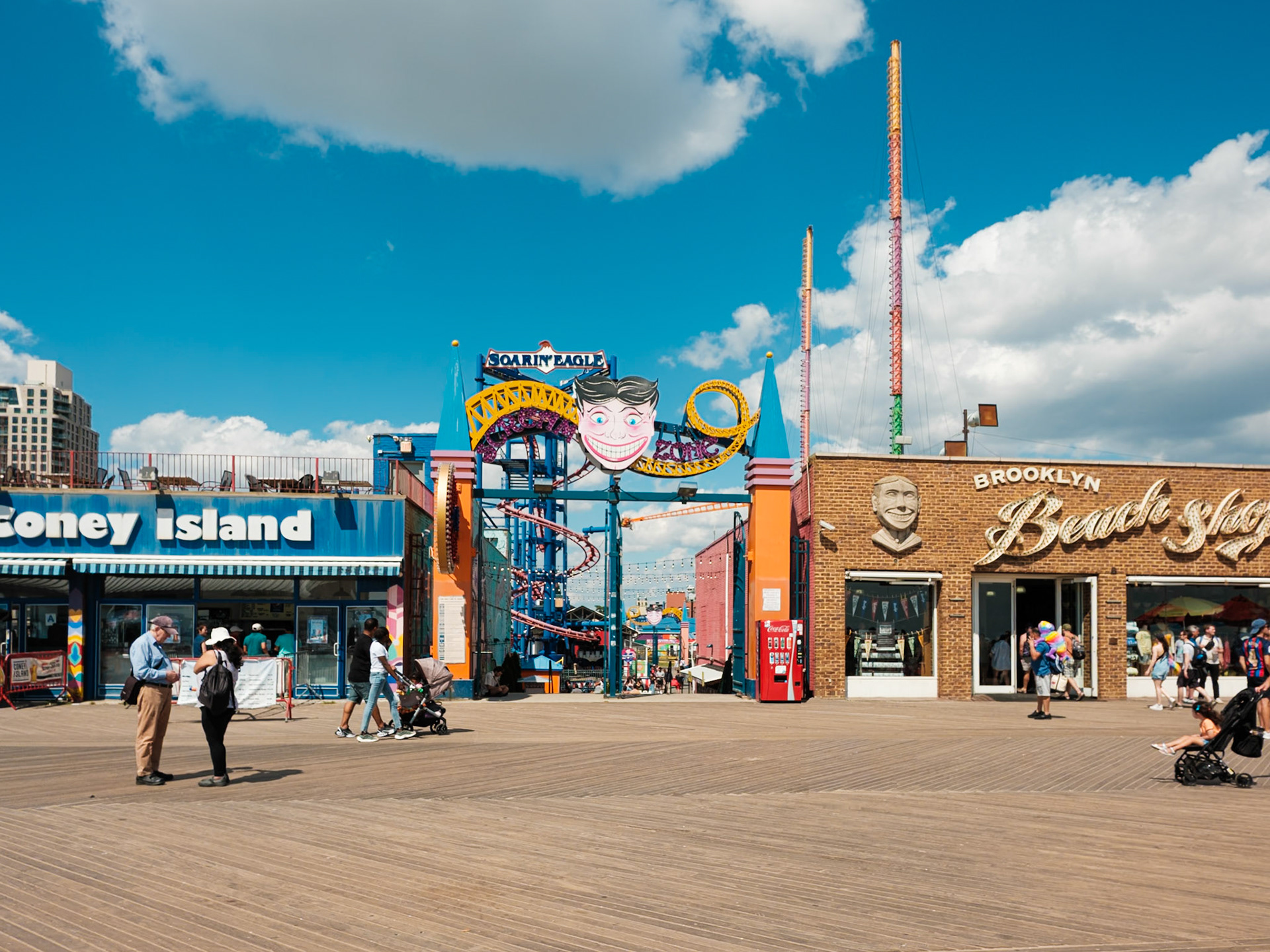 Boardwalk Beach Shop and Joker Gate at Coney Island in September 2024