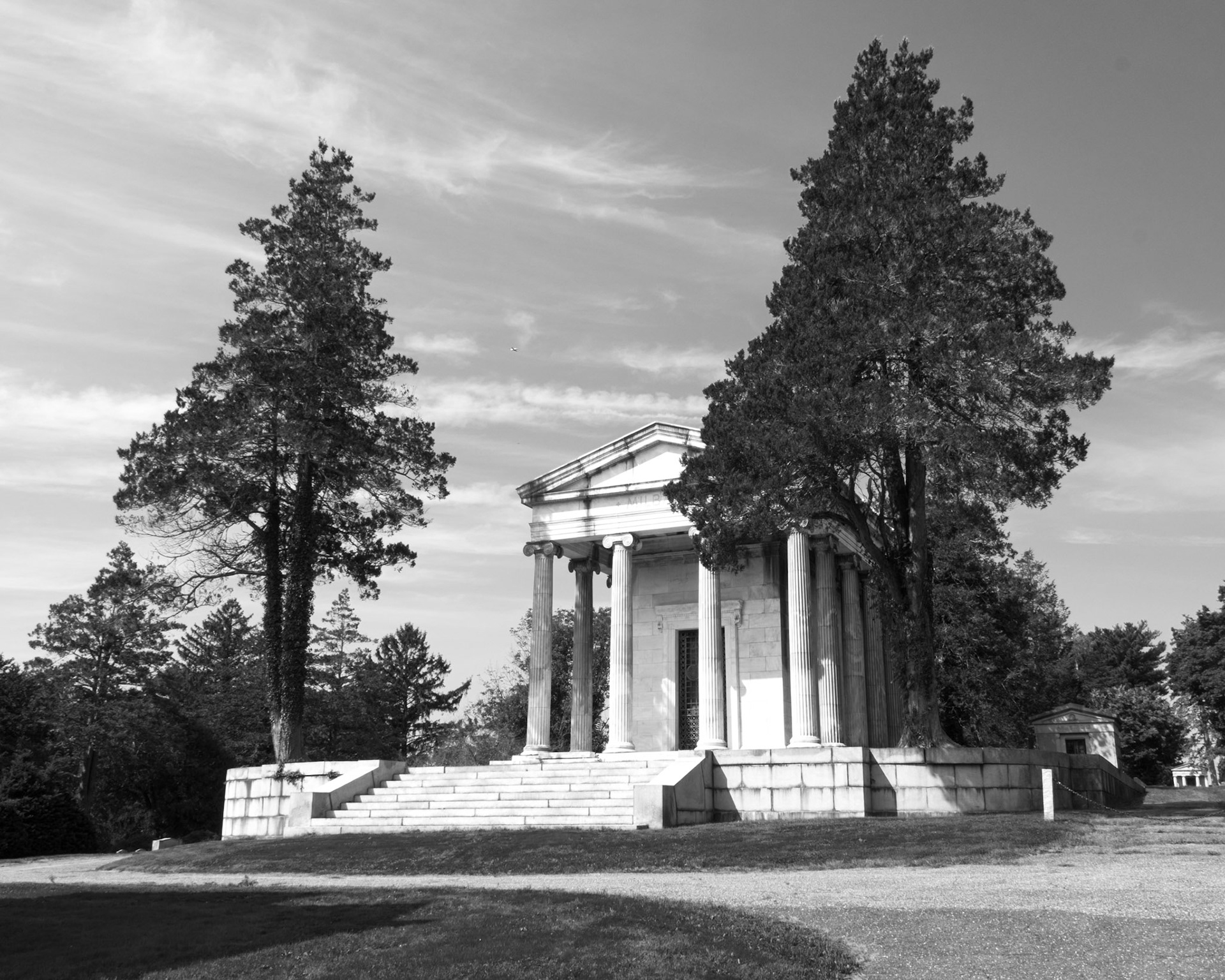 Milbank Mausoleum with Pine Trees Putnam Cemetery-Greenwich