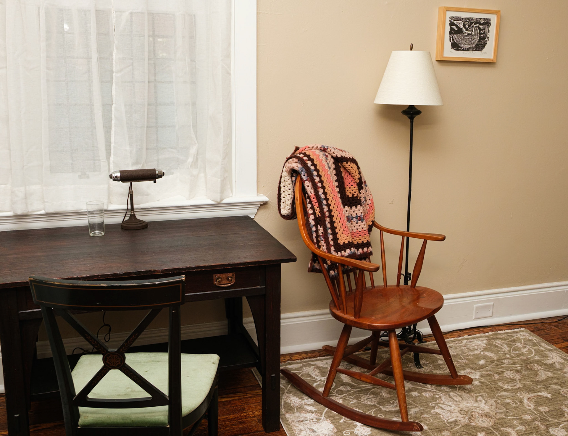 Work Table Chair and Afghan in Tan Rectory Guest Room