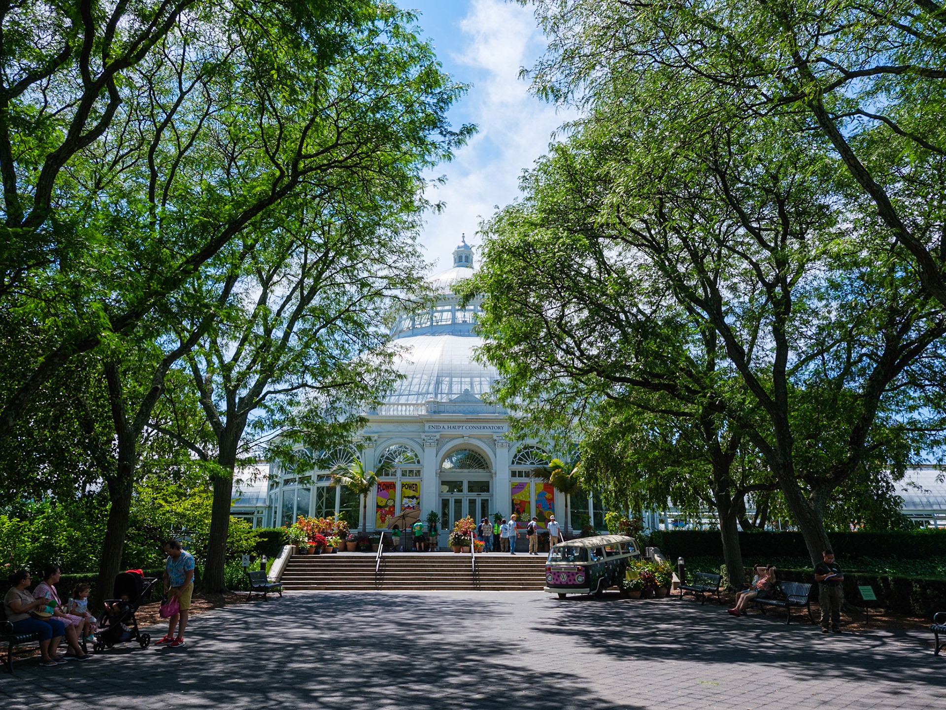Main Entrance to Conservatory with Flower Power VW Bus on Display at New York Botanical