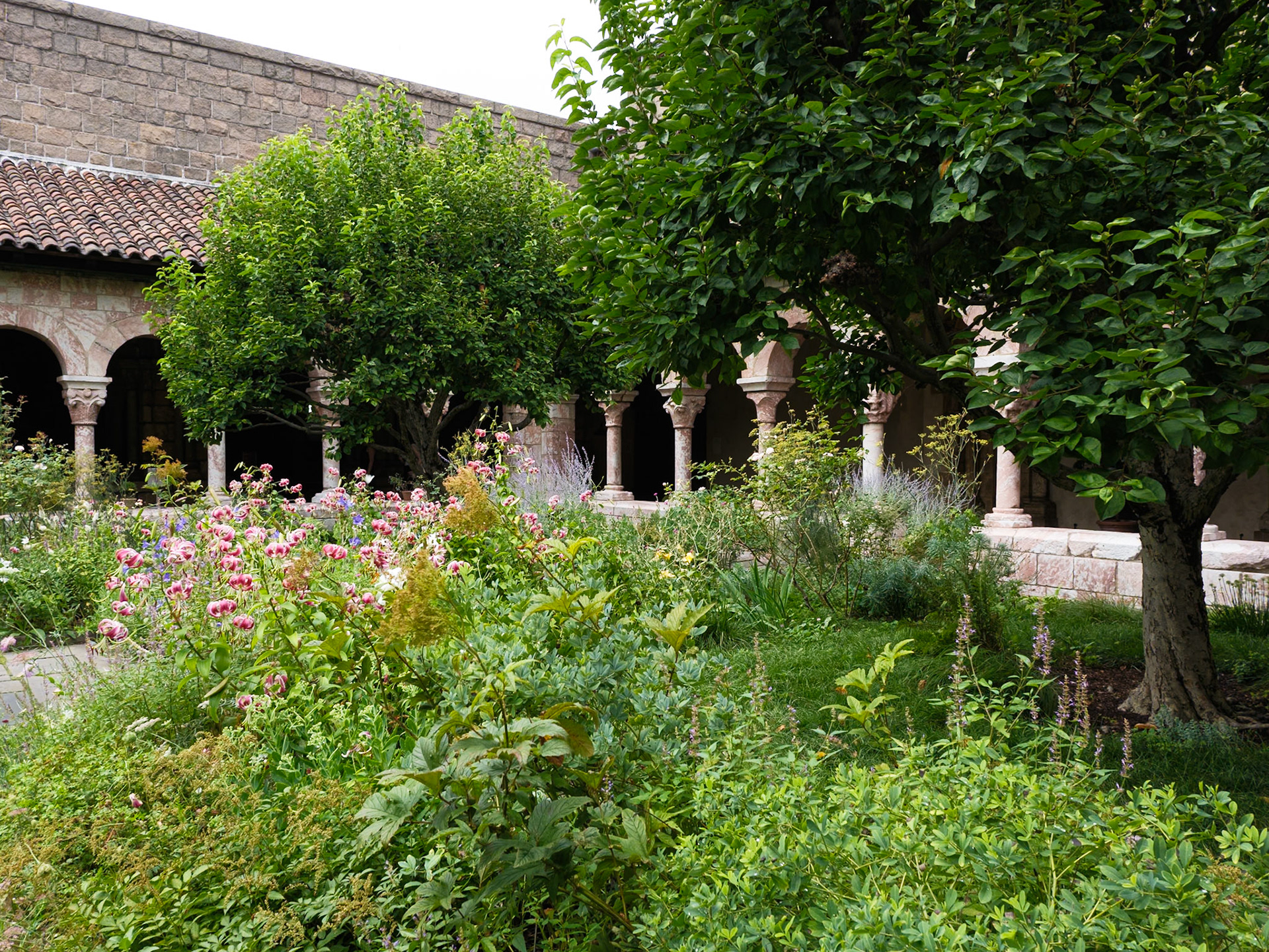 Cloistered Walkways and Garden with Trees at the Cloisters July 2024