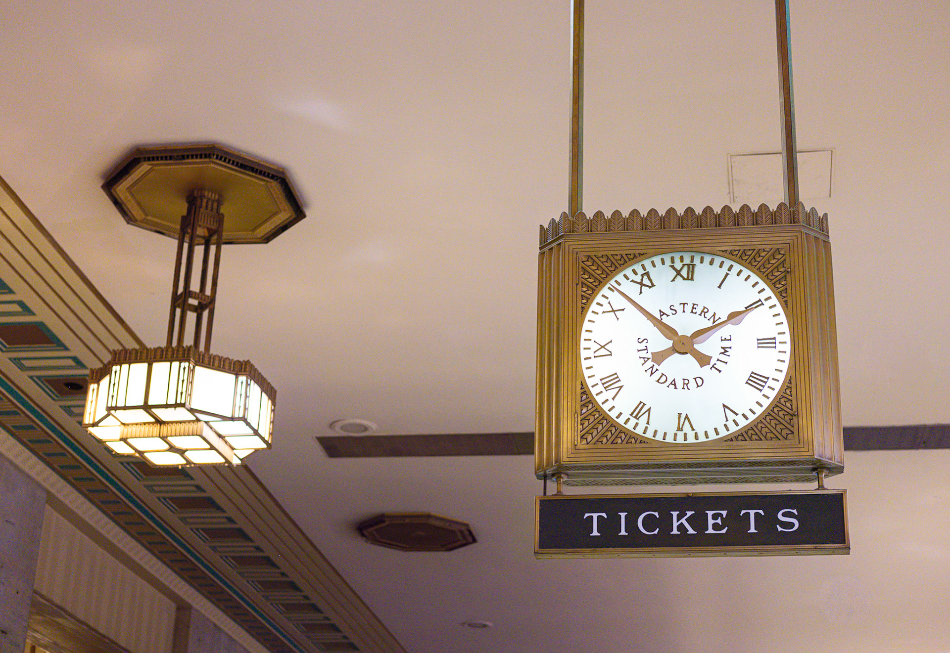 Clock and Light Near Ticket Counter at 30th Street Station