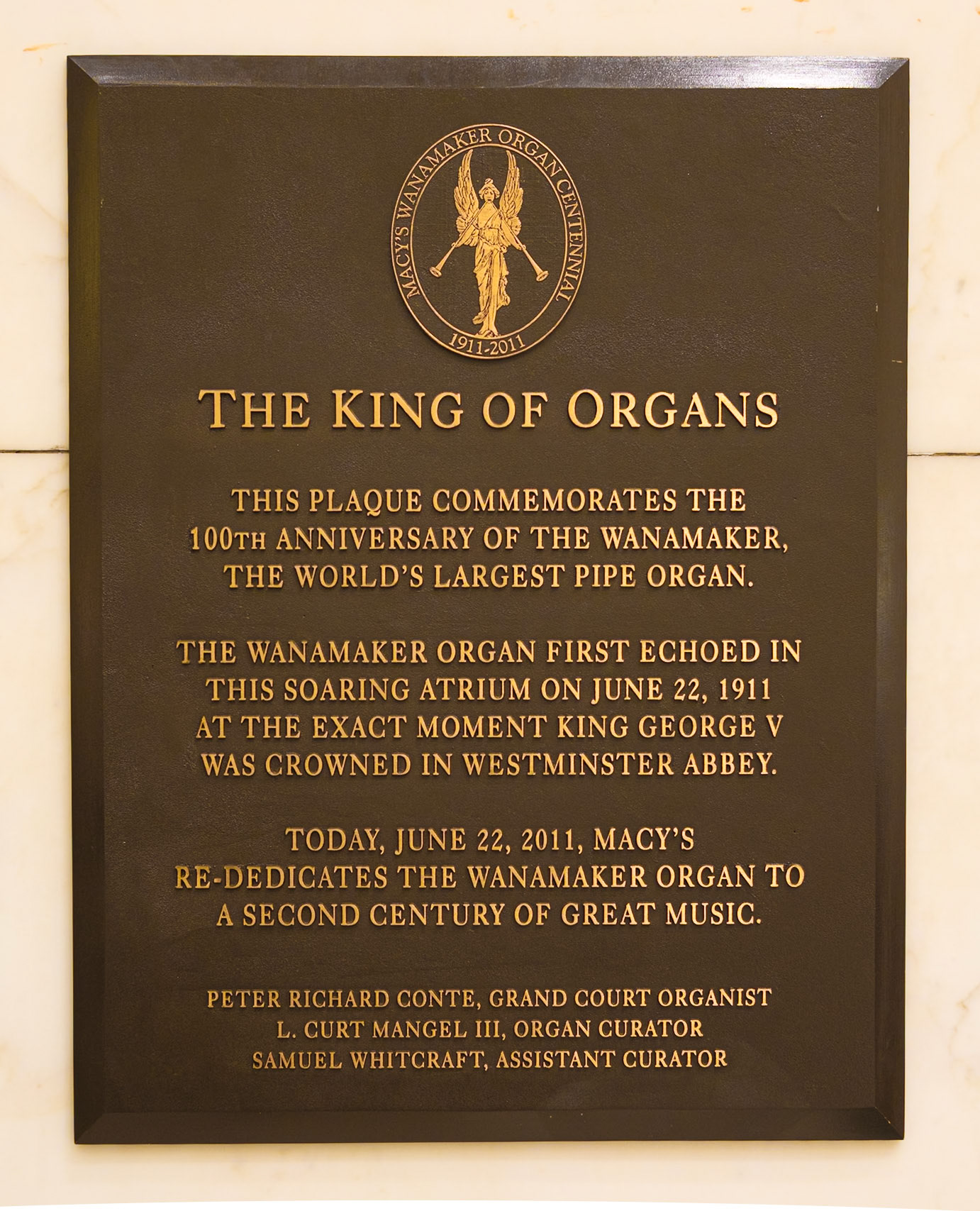 Wanamaker Organ Plaque