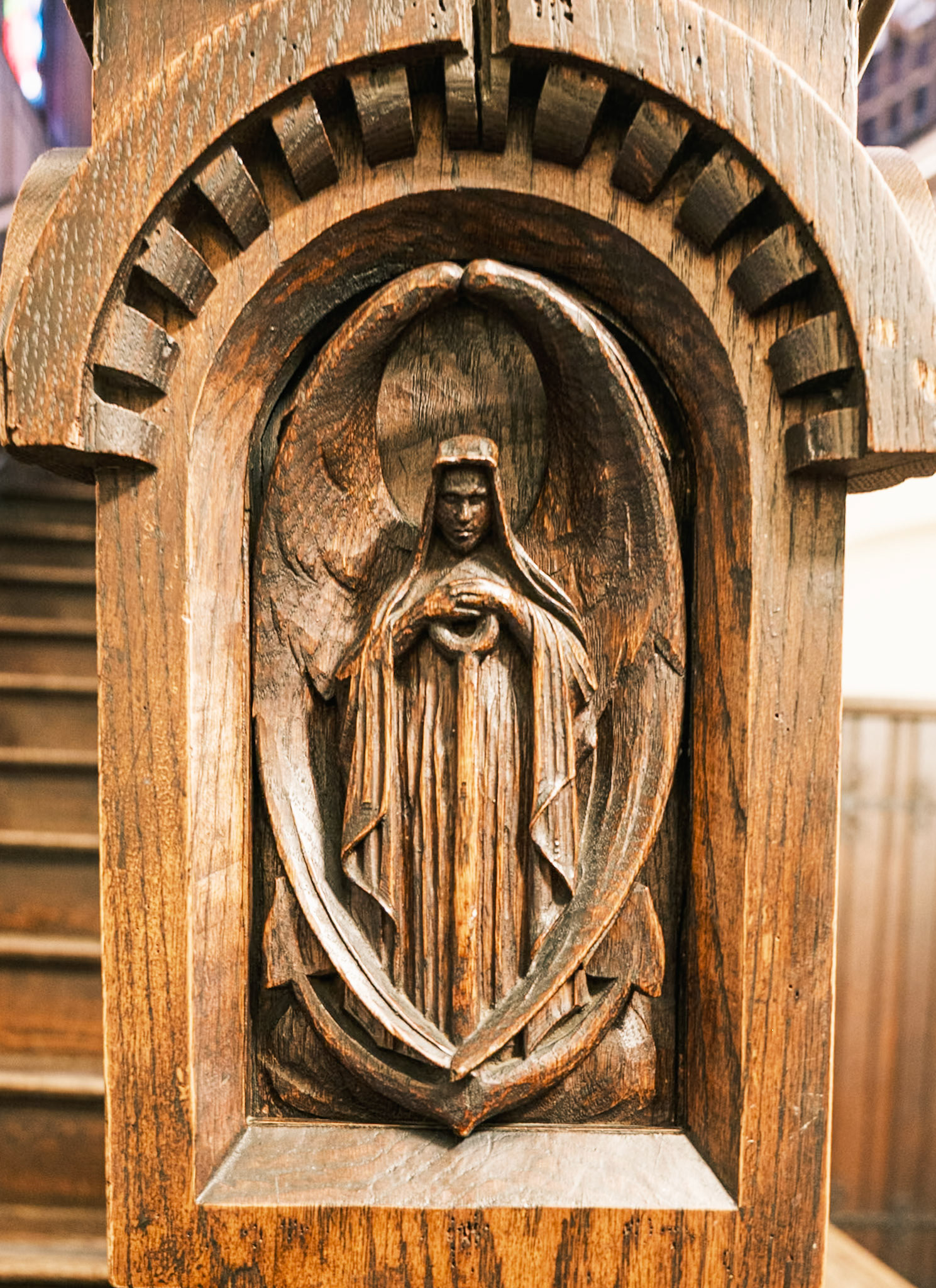 Carving of Virgin on Staircase Post at St Clement