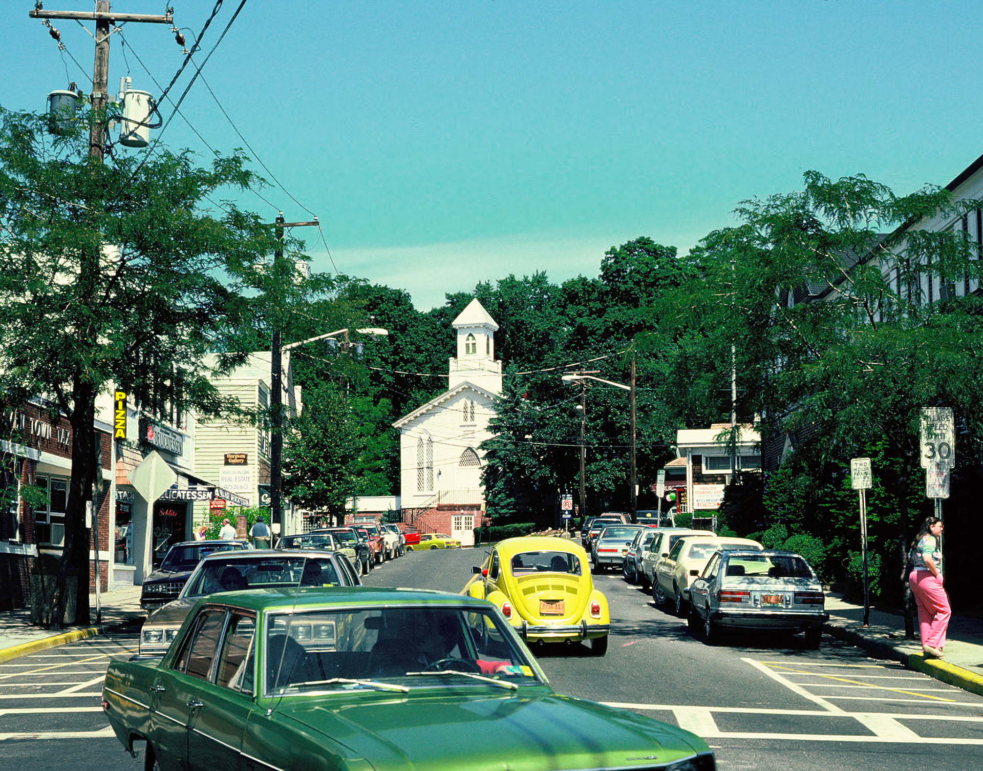 Downtown Port Jefferson with Yellow Volkswagen and Church 1983