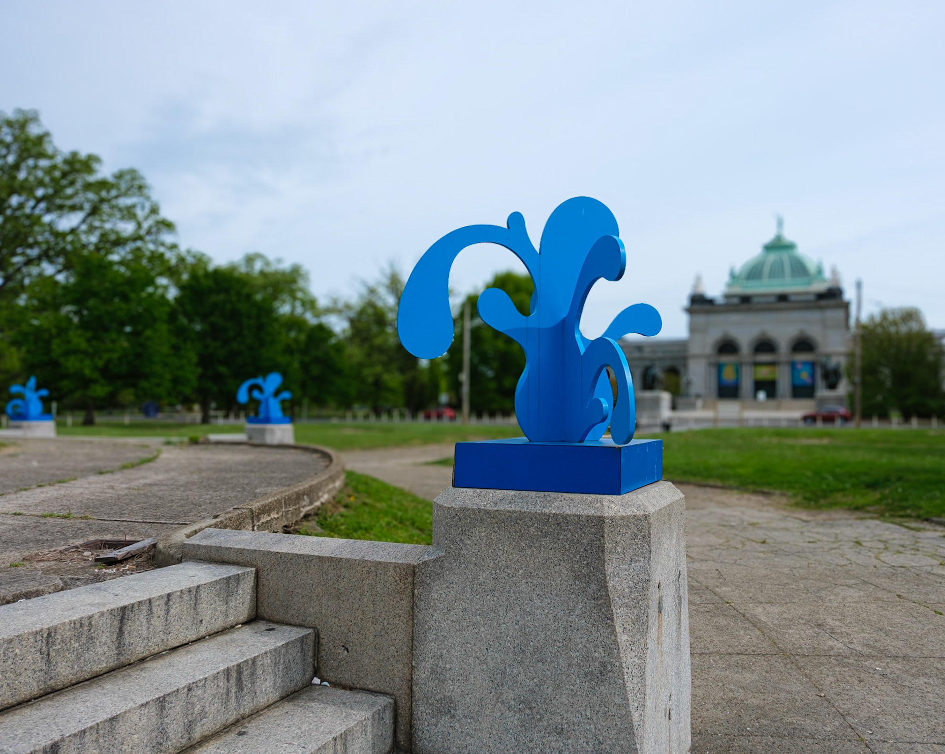 Blue Metal Sculptures at Fountain Facing Please Touch Museum