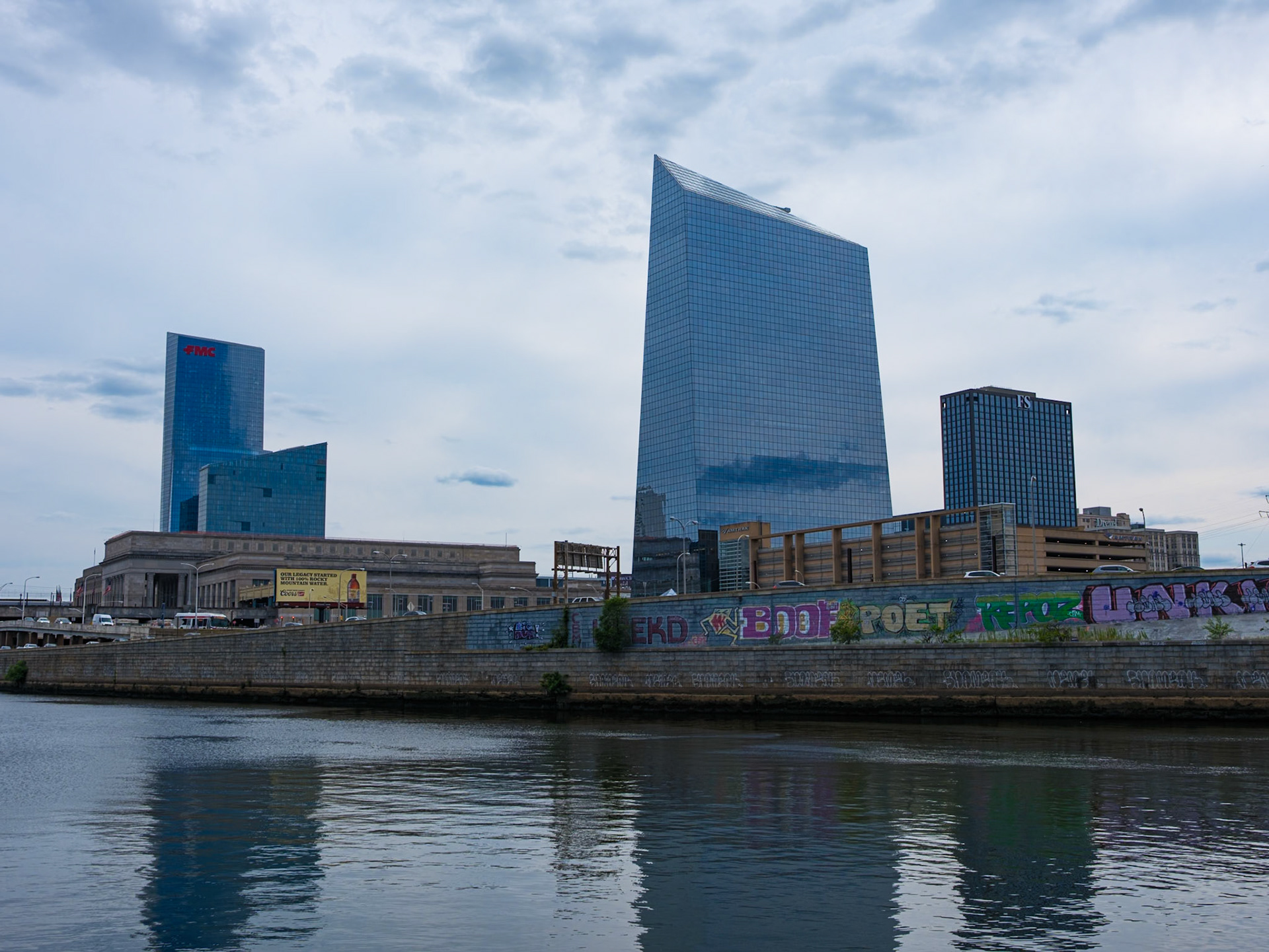 Cira and FMC Towers from Schuylkill River North of 30th Street Statioin