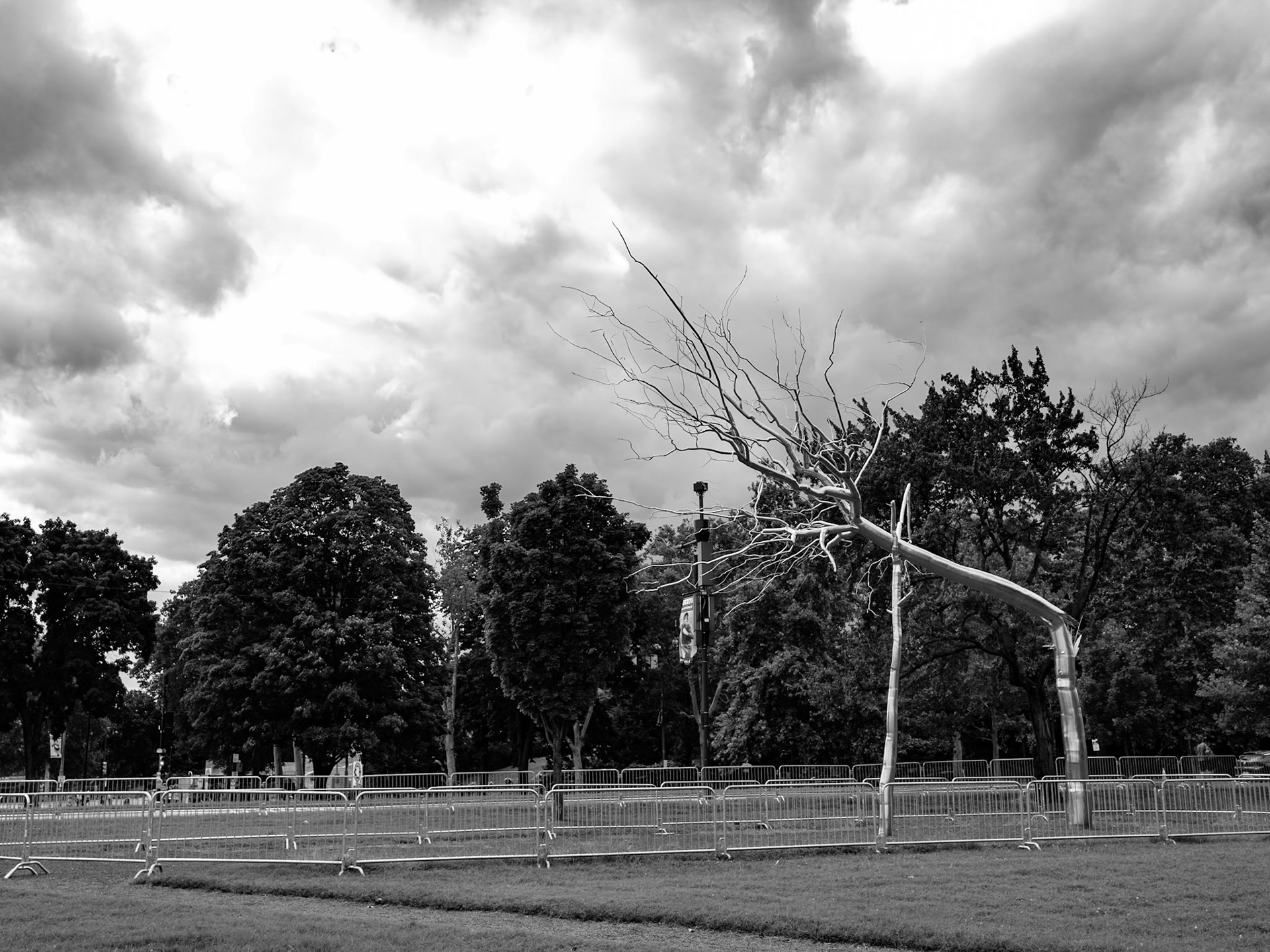 Close Up of Silver Sculpture on a Cloudy Interval in Black and White August 2026
