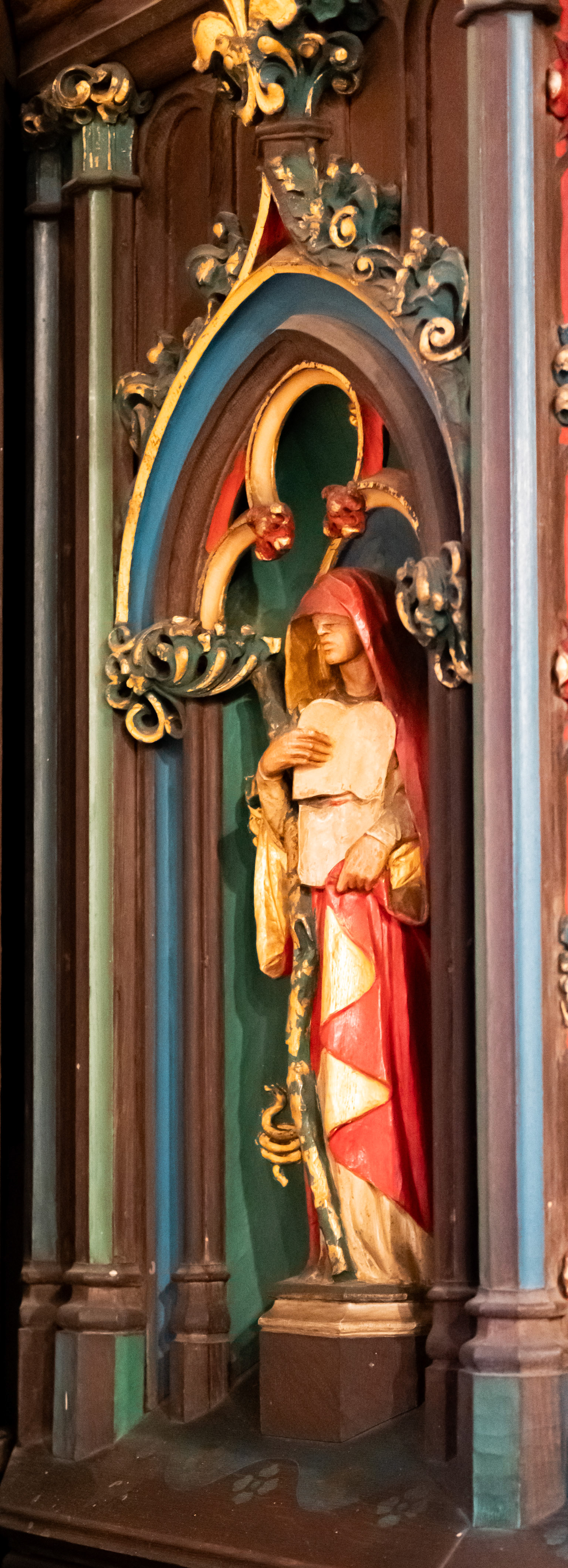 Red Veiled Saint on Pulpit at St Clement Church Philadelphia