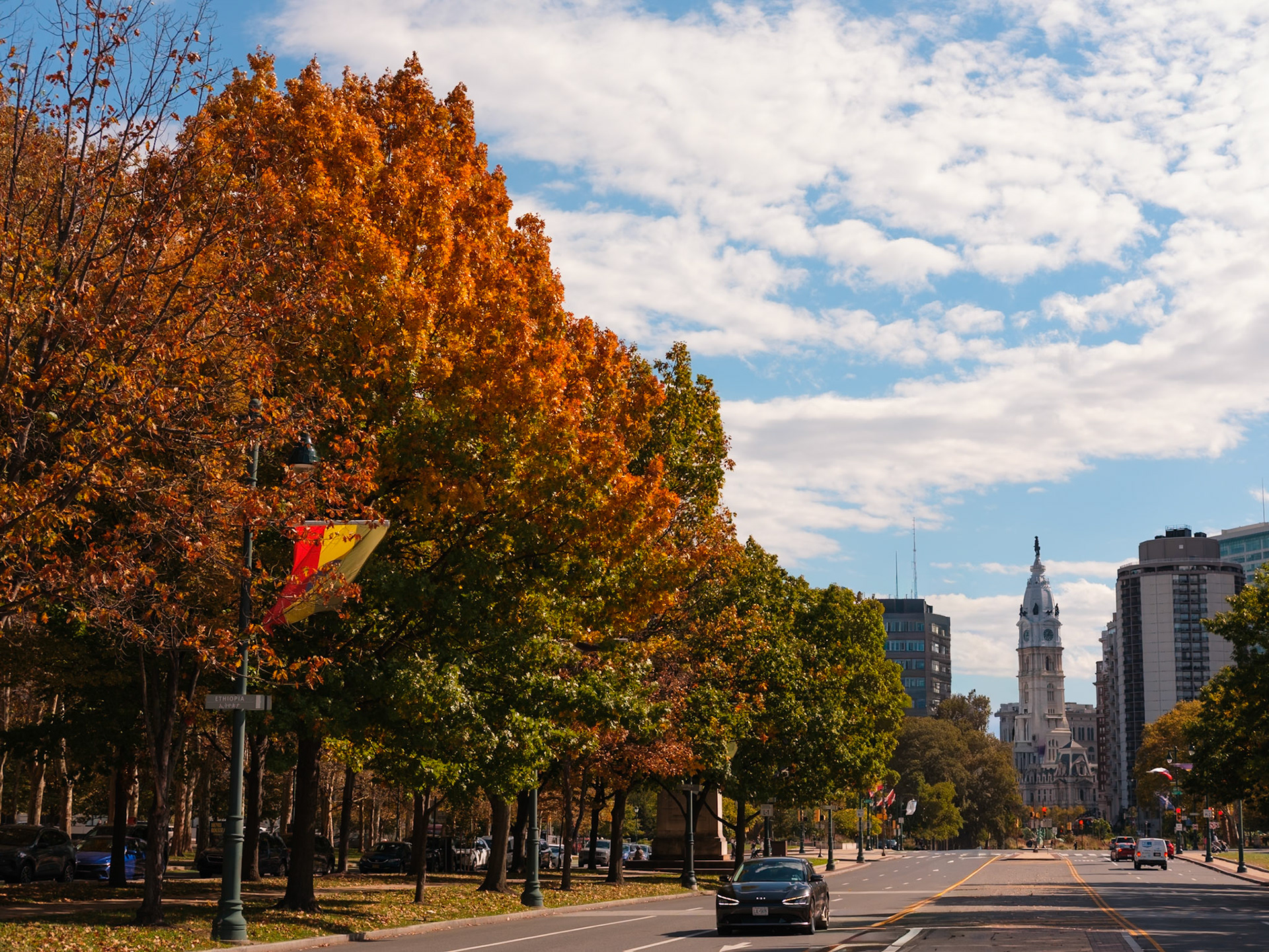 Franklin Parkway and City Hall on a Fall Day