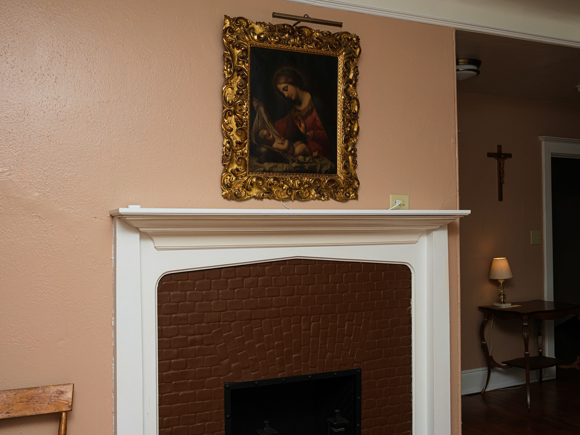 Another View of Picture of Virgin and Child and Fireplace in Rectory Library